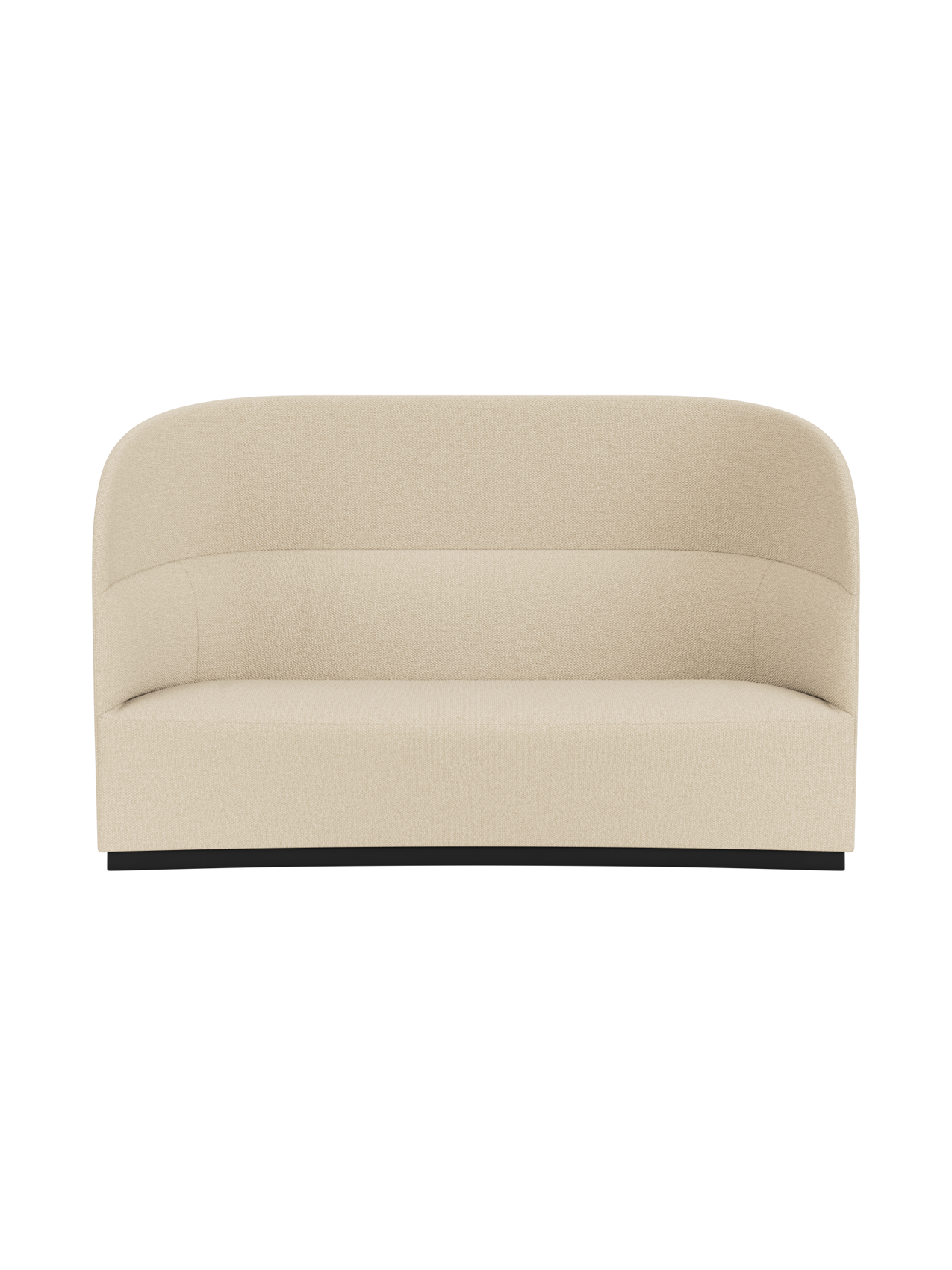 Front view of the Tearoom Sofa, High Back in sand Logan upholstery, featuring a high, curved back and a dark plinth base.