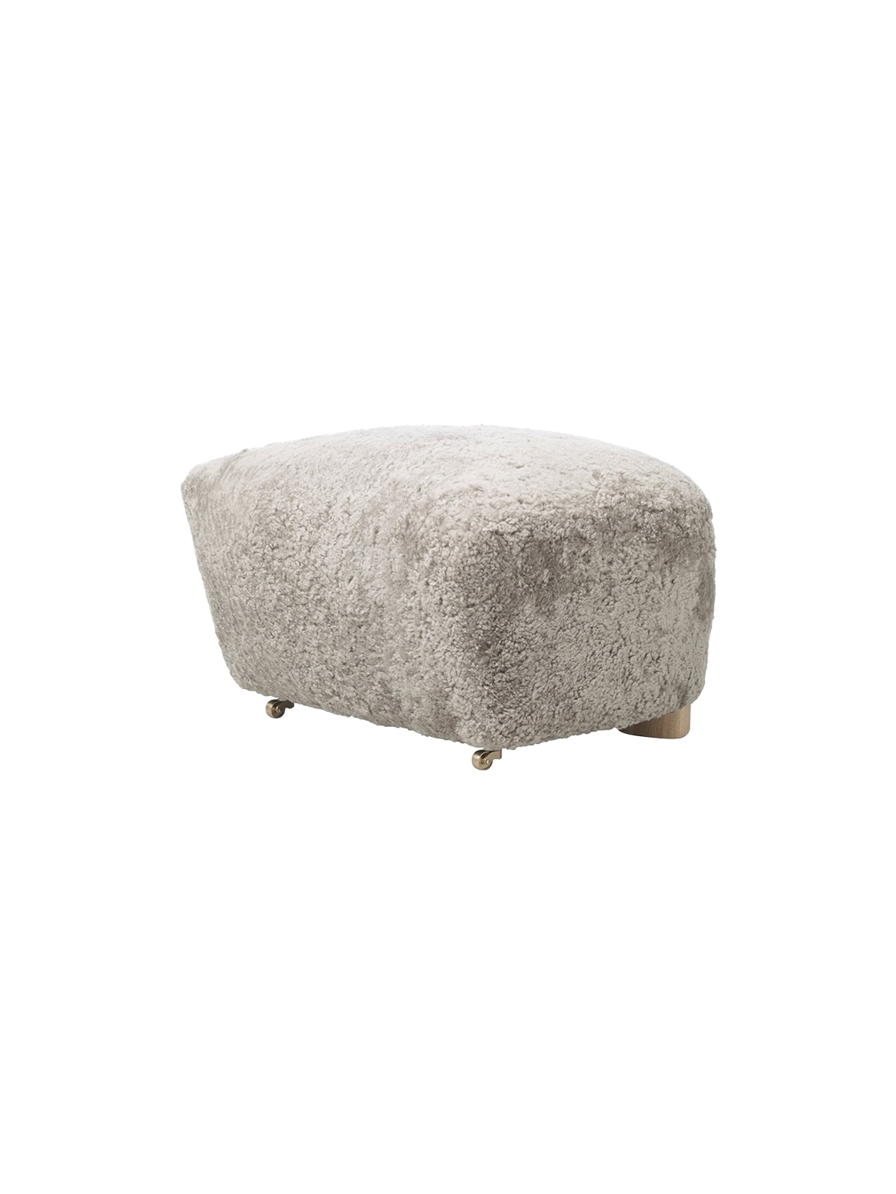 A Tired Man Ottoman footstool upholstered in light green Green Tea sheepskin, shown at an angle on a plain black background.