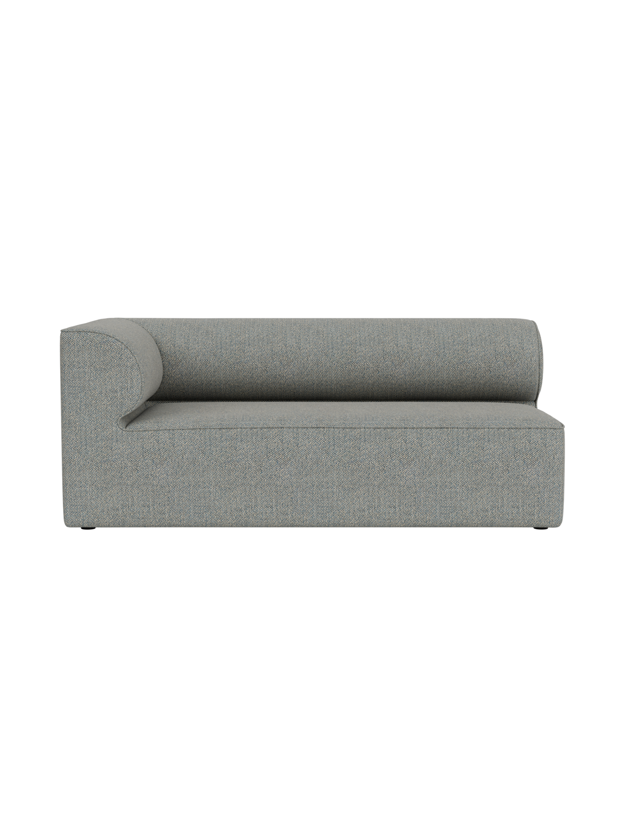 A front view of the Eave Modular Sofa, 86, Corner 172 in a textured, light grey fabric against a plain black background.
