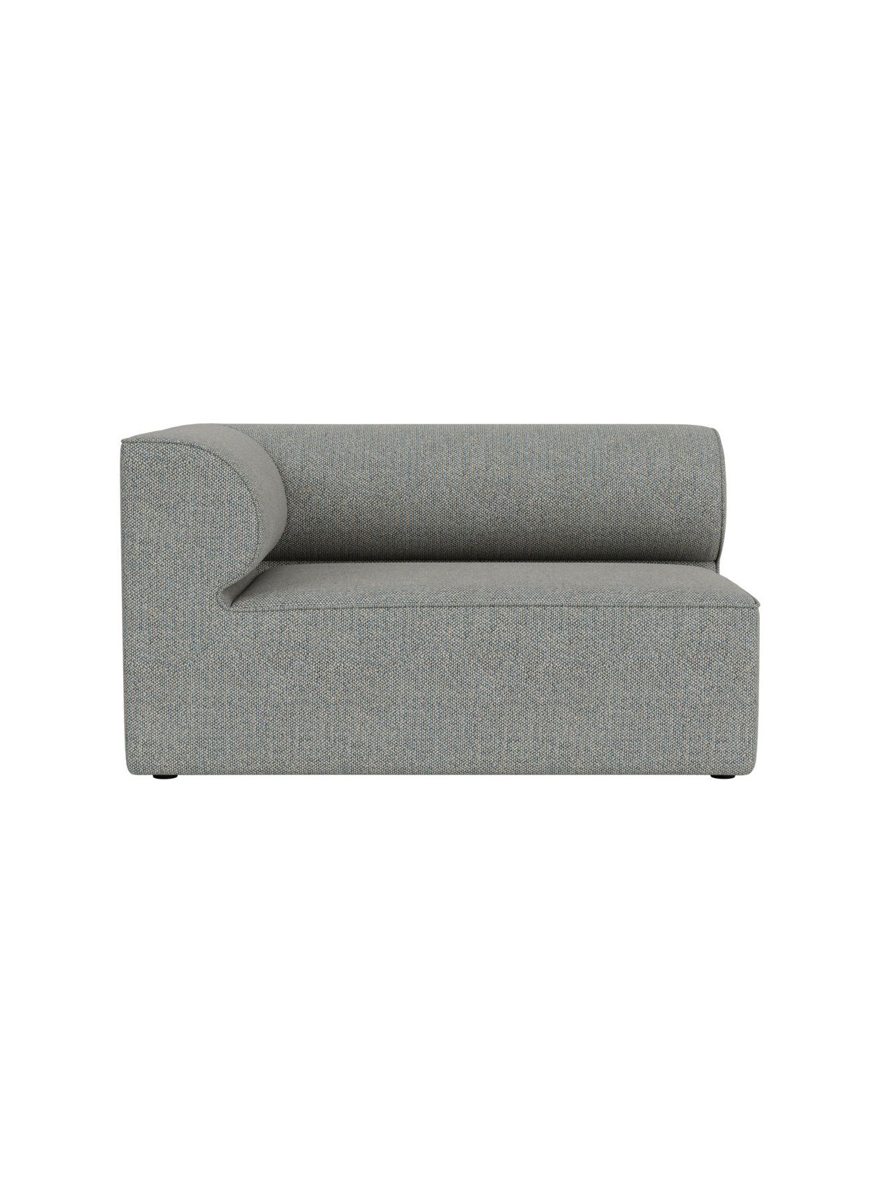 A front-on view of the Eave Modular Sofa, 86, Corner 129 in a light grey and blue textured fabric against a black background.
