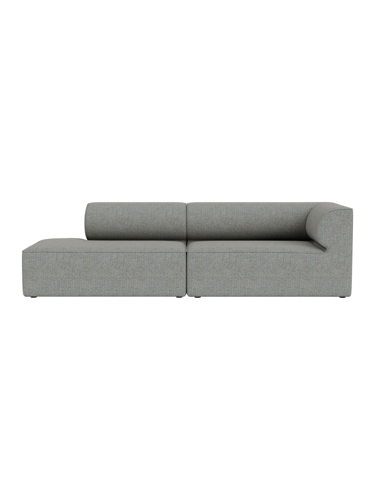 Front view of the Eave Modular Sofa, 2.5-Seater, in light grey fabric, with a left open end and a low, curved right armrest.