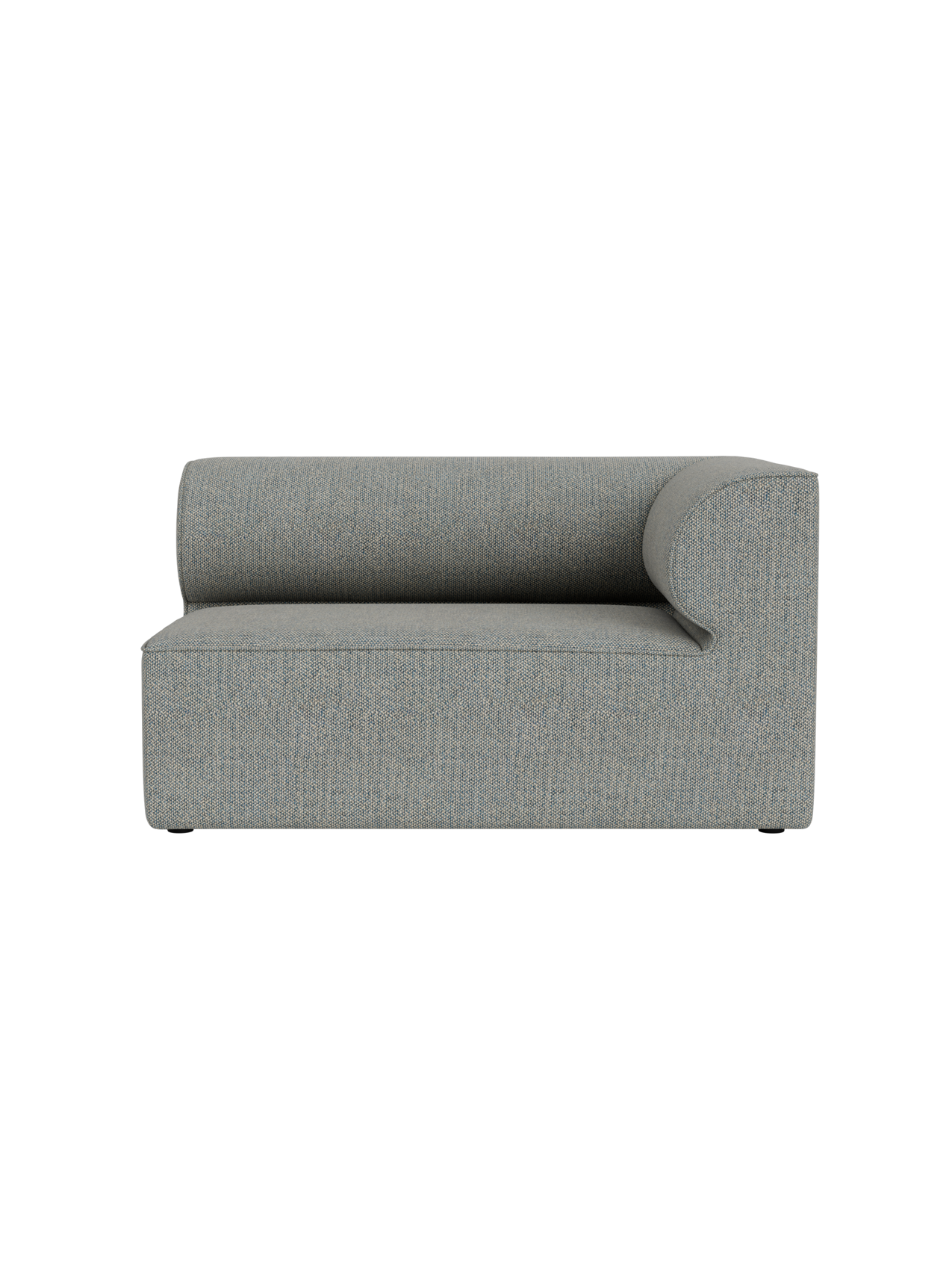 Front view of the Eave Modular Sofa, 86, Corner 129, in a light grey-blue textured fabric, isolated on a black background.