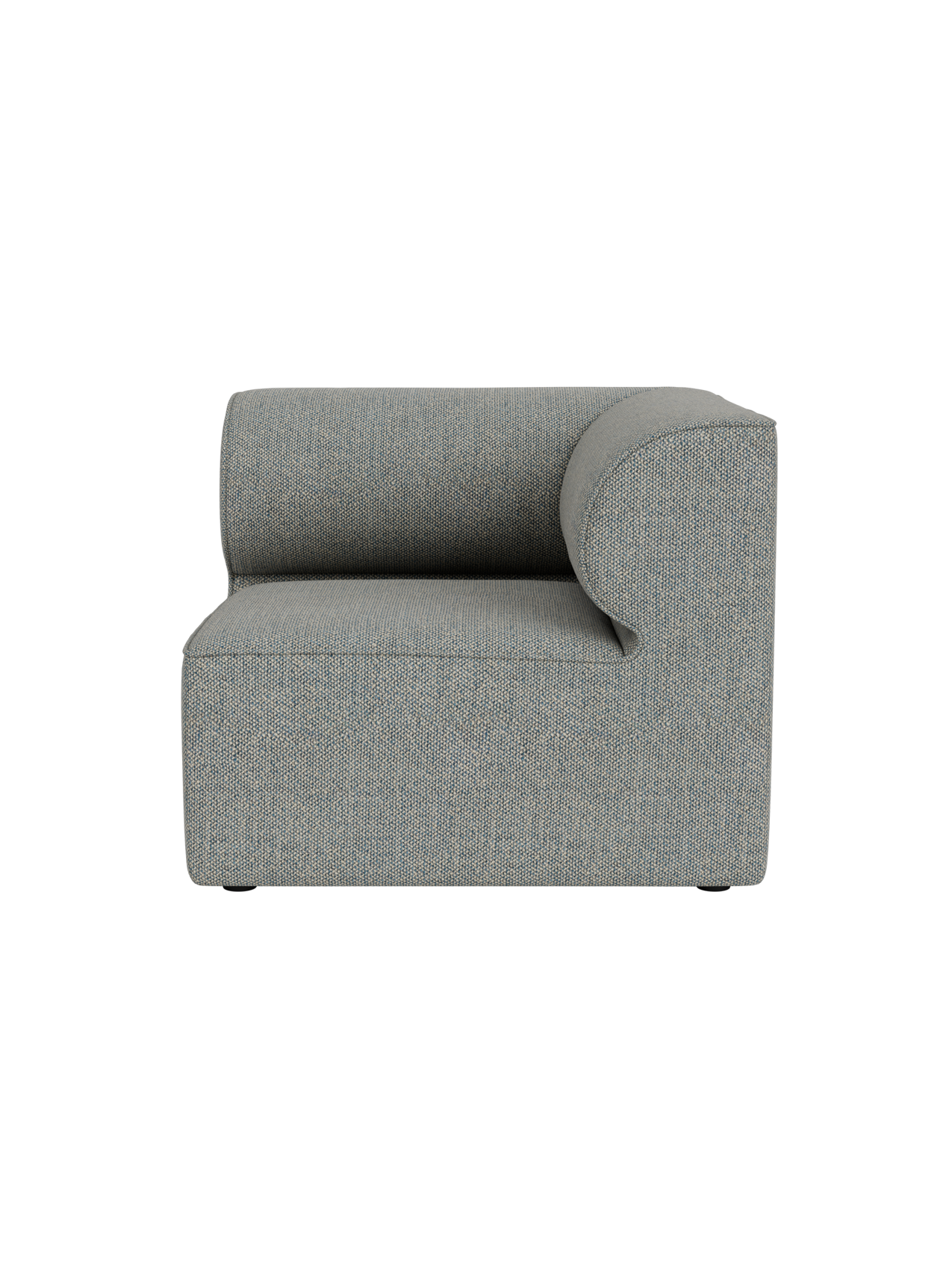 A front view of the Eave Modular Sofa, 86, Corner module, upholstered in a textured grey-blue fabric on a black background.