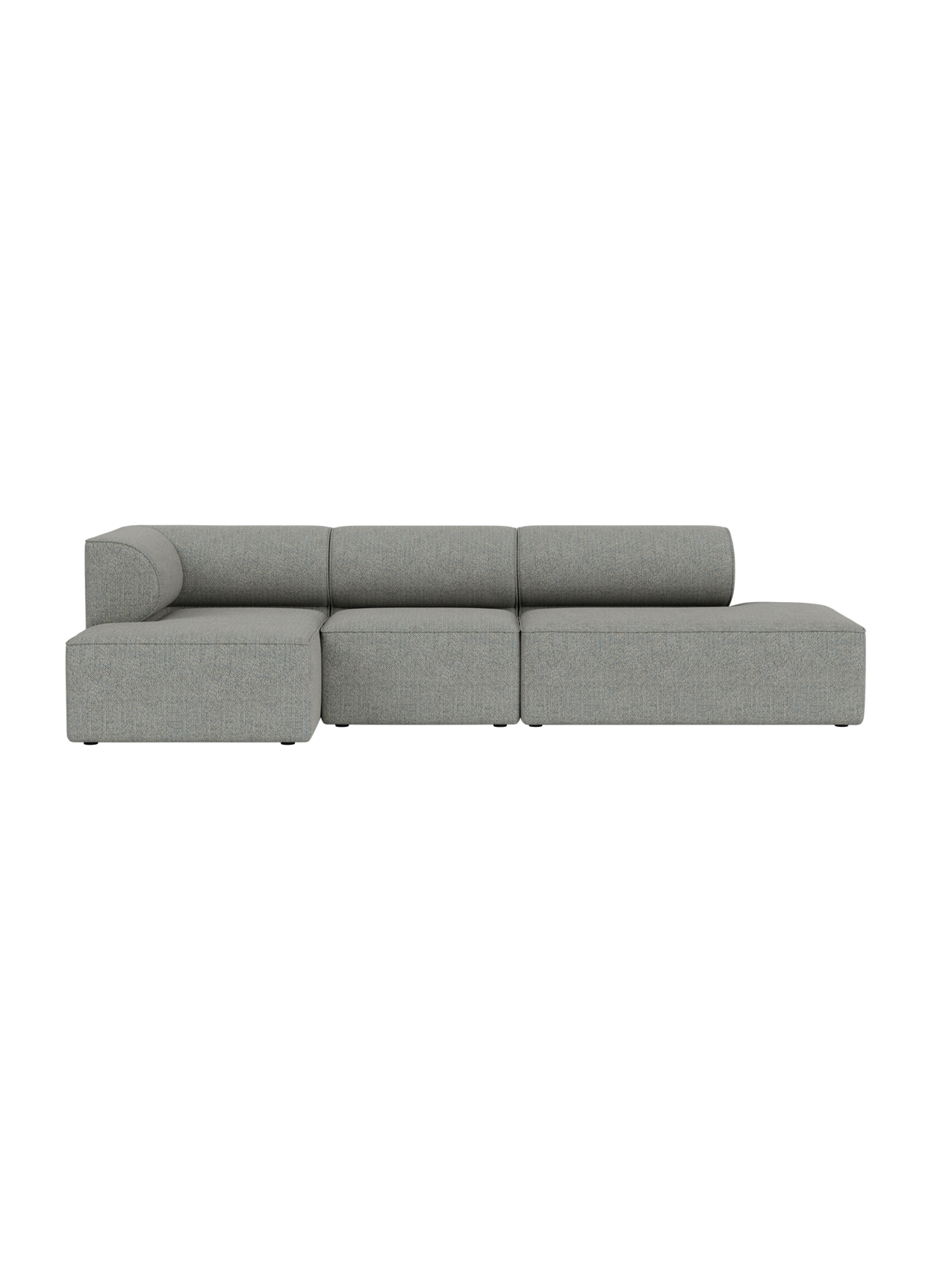 A front-on view of the Eave Modular Sofa, 86, 3.5-seater, in a light grey textured fabric against a plain black background.