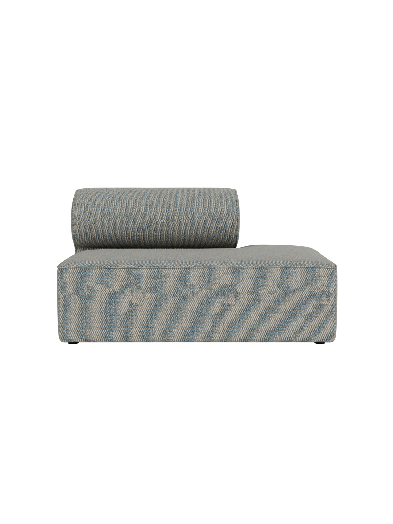 A side view of the Eave Modular Sofa, 86, Open End module in a light grey textured upholstery against a black background.