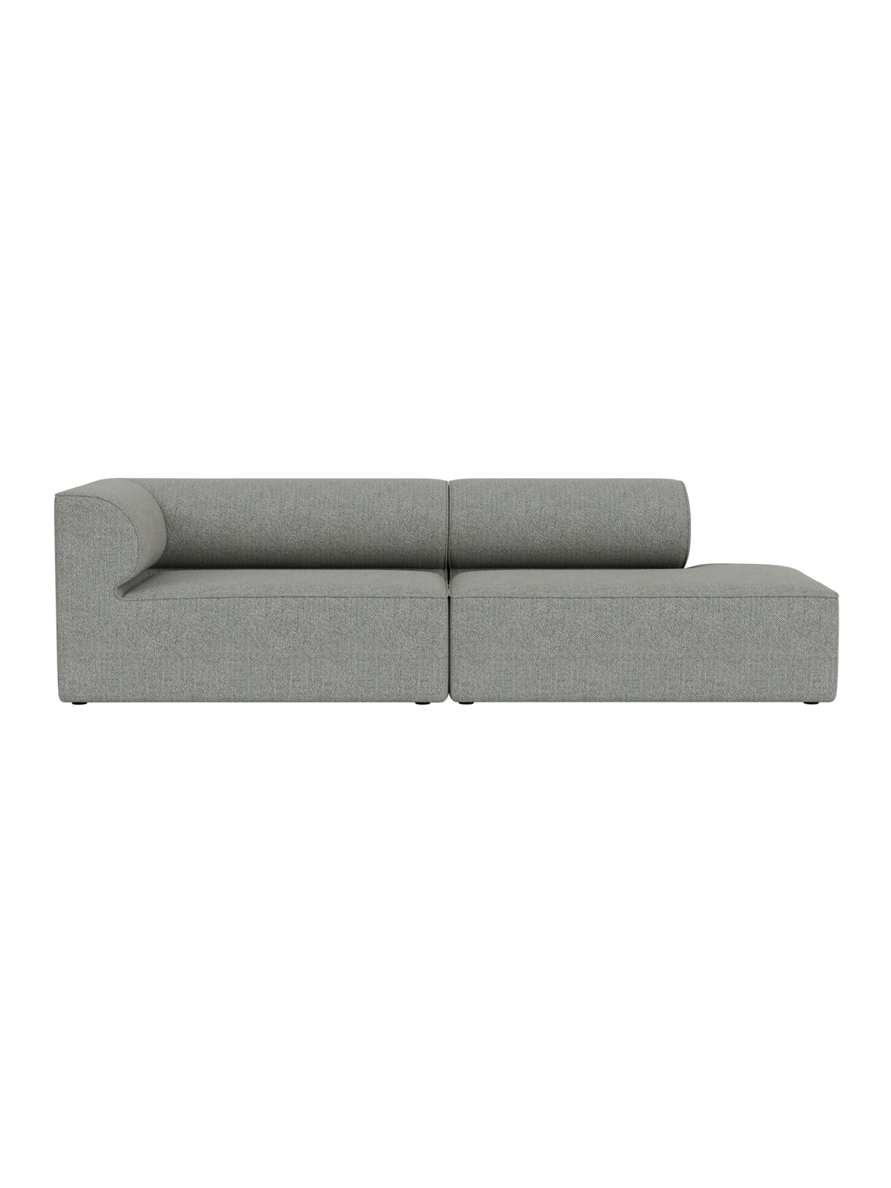 Eave Modular Sofa, 2.5-Seater, Configuration 3. Front view of the light grey sofa with a left armrest and right open end.