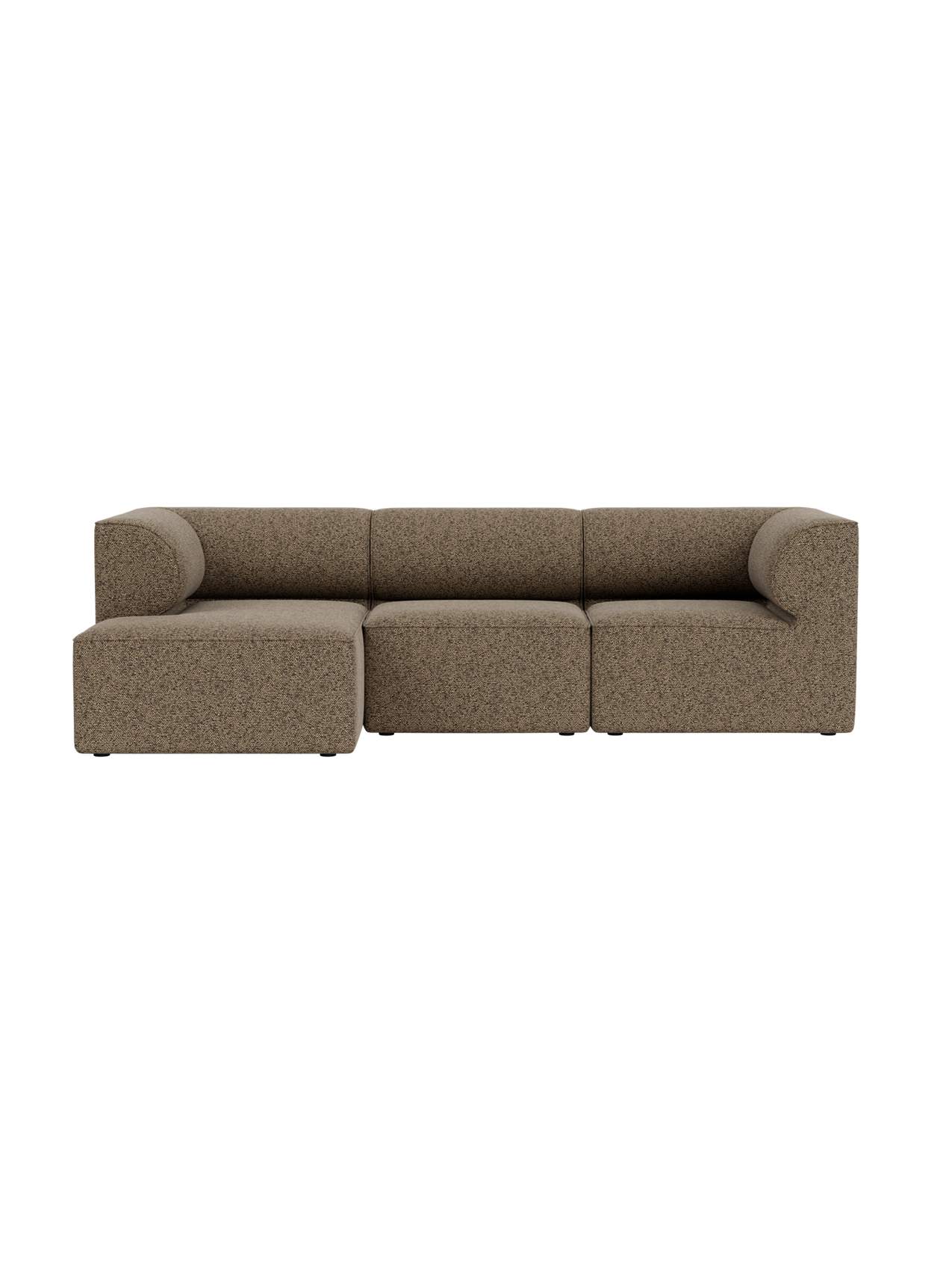 Eave Modular Sofa, a 3-seater with a left chaise, curved armrests, textured brown upholstery, on a black background.