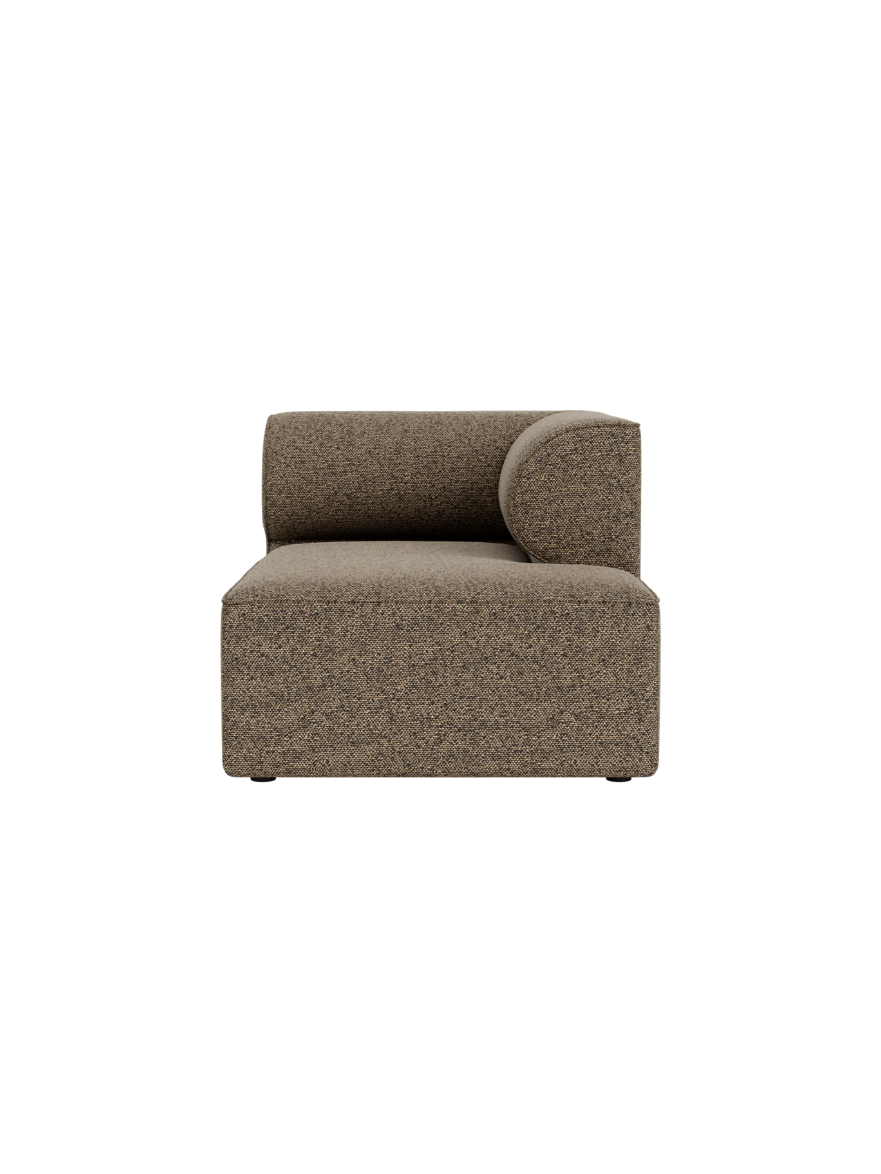Front view of the Eave Modular Sofa Chaise Longue. The module has a low back and a curved armrest in brown bouclé fabric.