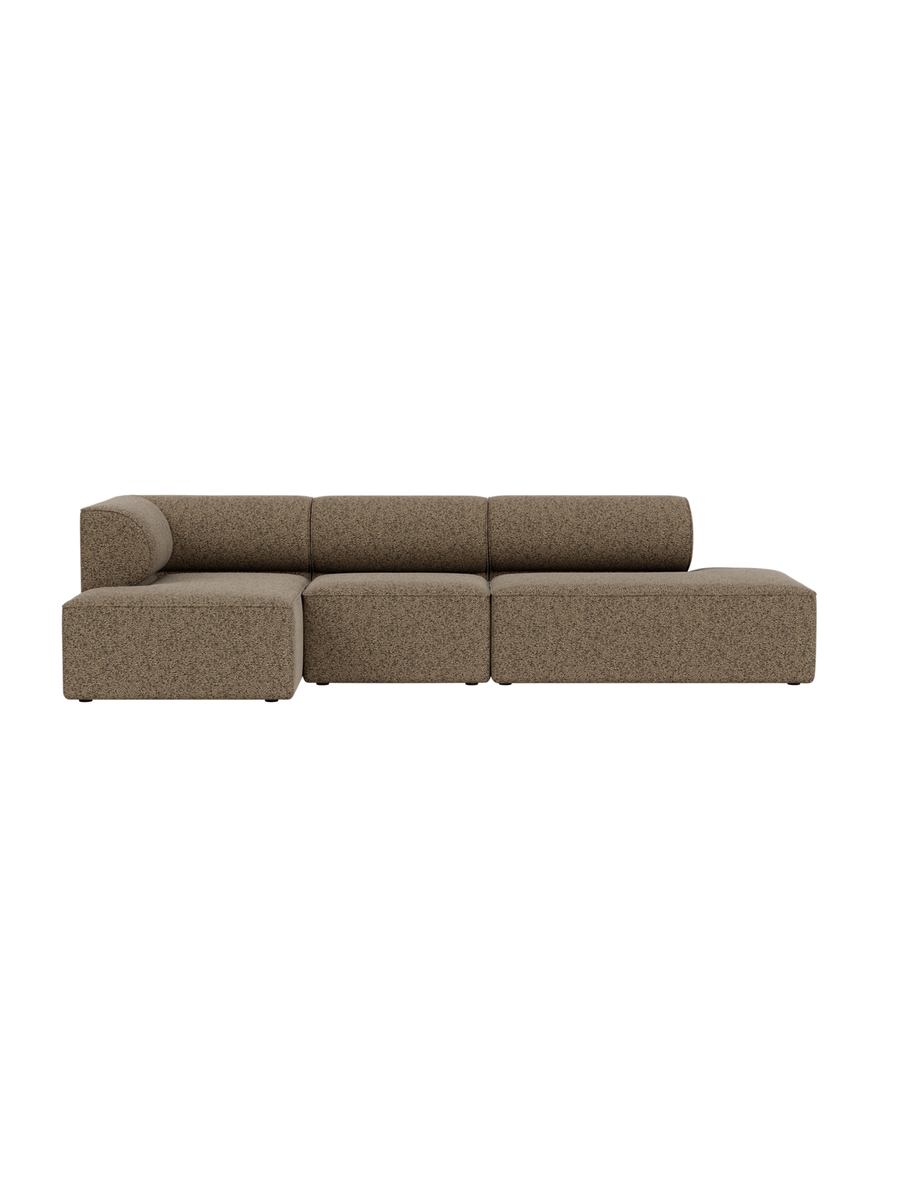 A front view of the Eave Modular Sofa 86, a 3.5-seater in a textured brown fabric, featuring a chaise longue on the right.