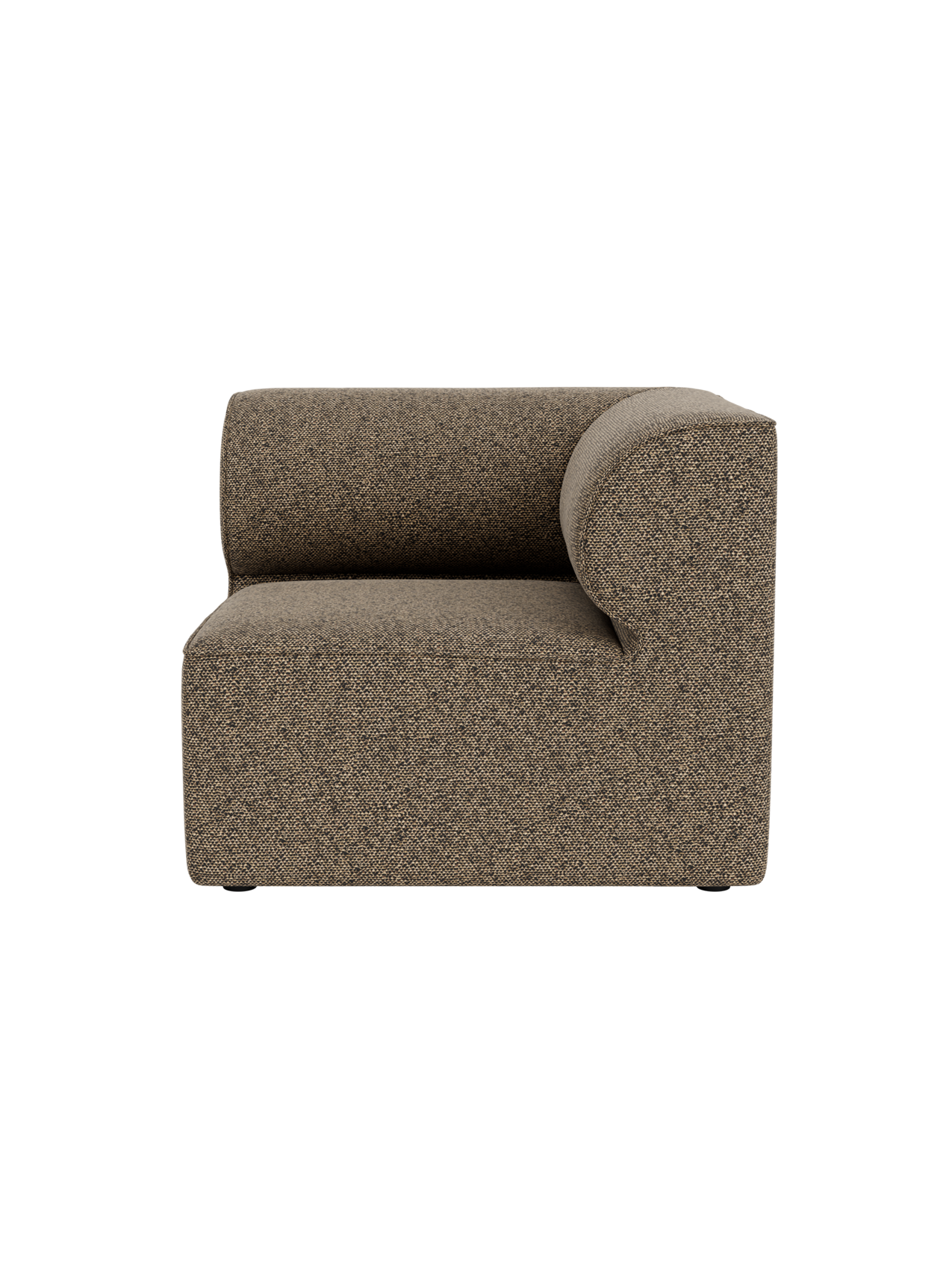 Front view of the Eave Modular Sofa 86 Corner upholstered in a brown and black textured fabric against a black background.