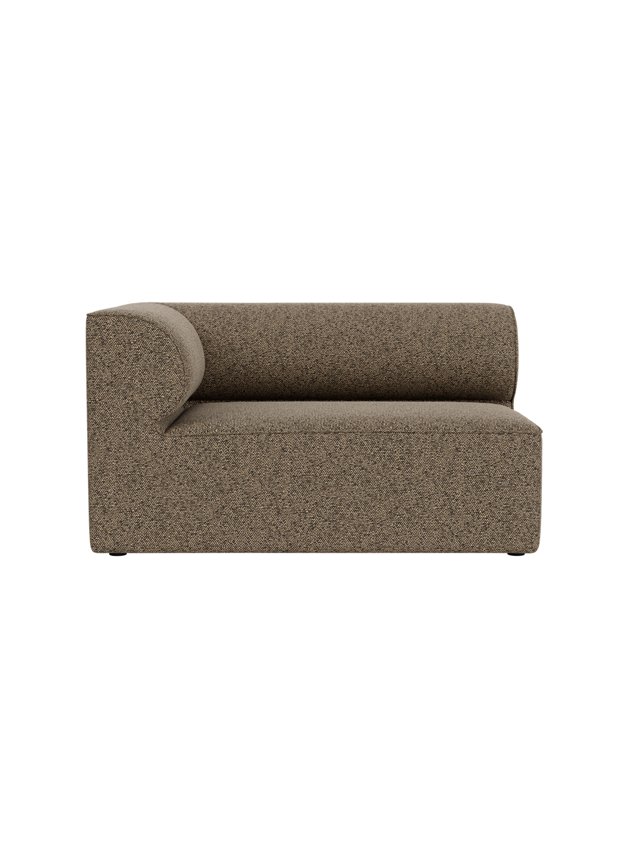 Side view of the Eave Modular Sofa, 86, Corner 129, in textured brown upholstery against a plain black background.