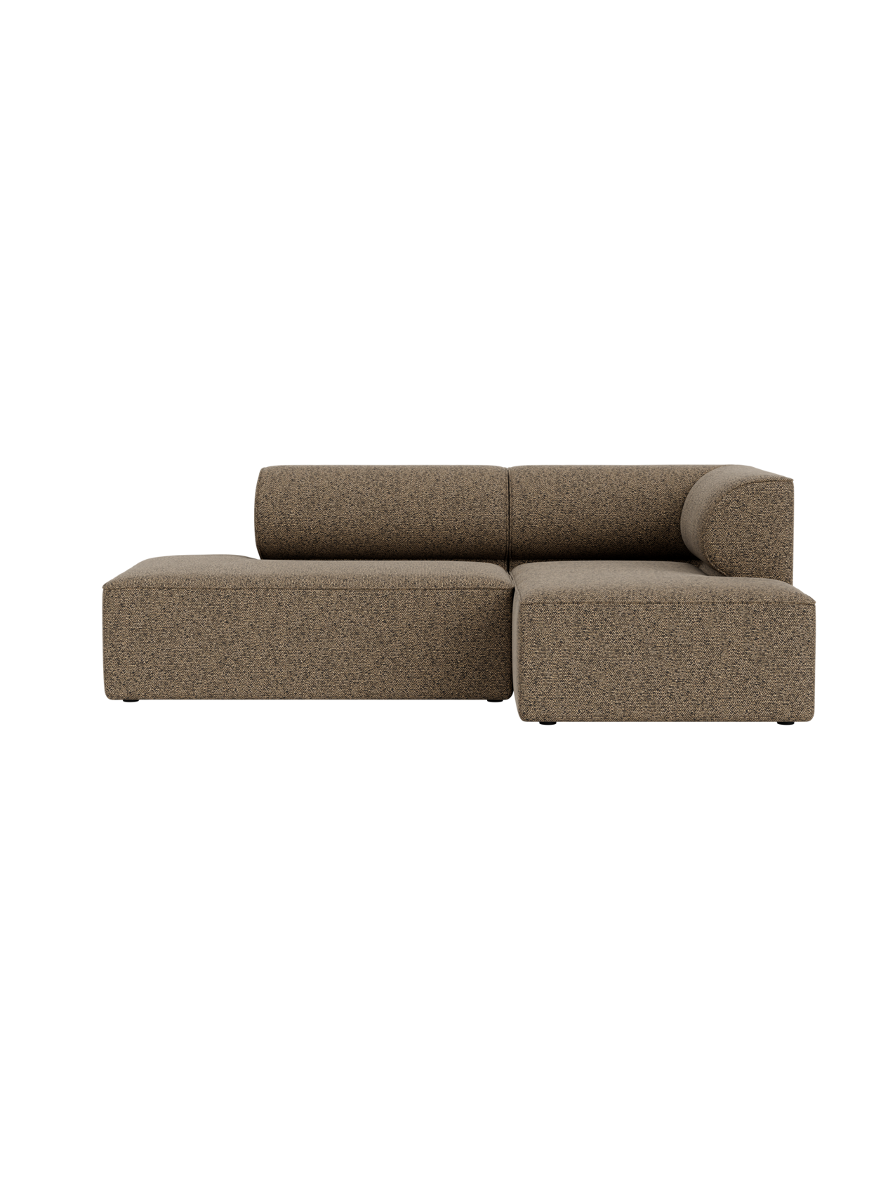 Front view of Eave Modular Sofa 2.5-seater with chaise longue, upholstered in brown textured fabric, on a black background.