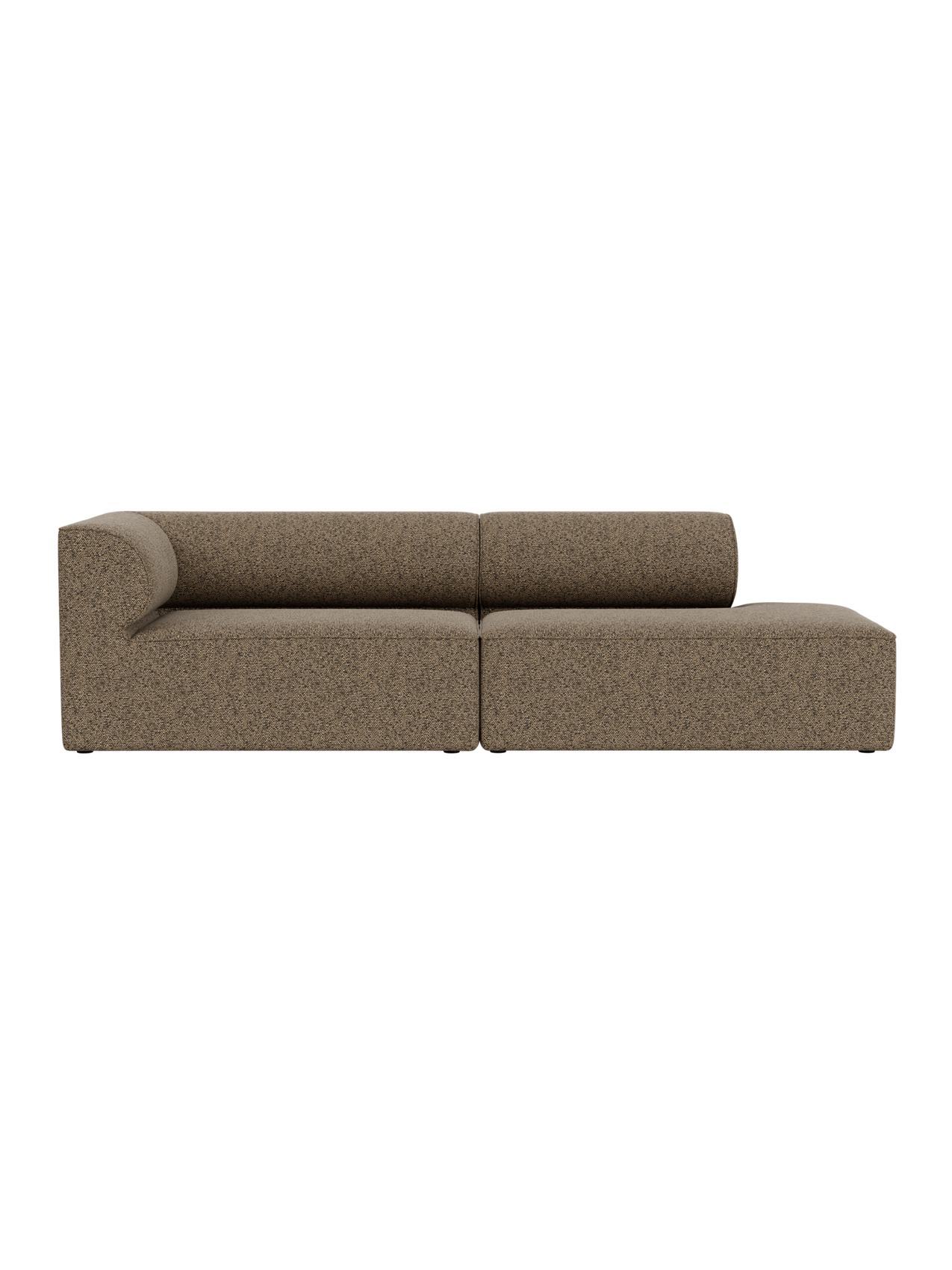 Front view of the Eave Modular Sofa, 2.5-Seater, upholstered in a brown textured fabric, with a curved armrest on the left.