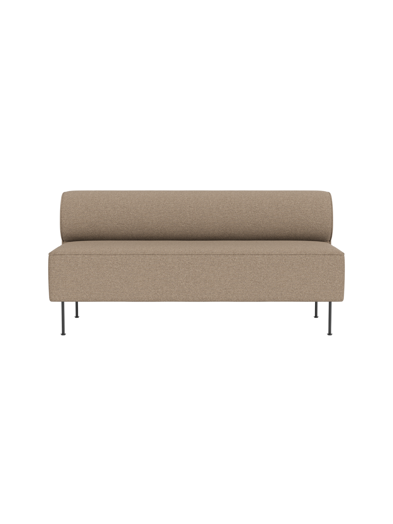Front view of the minimalist Eave Dining Sofa upholstered in light brown Logan Flint fabric, with slender metal legs.