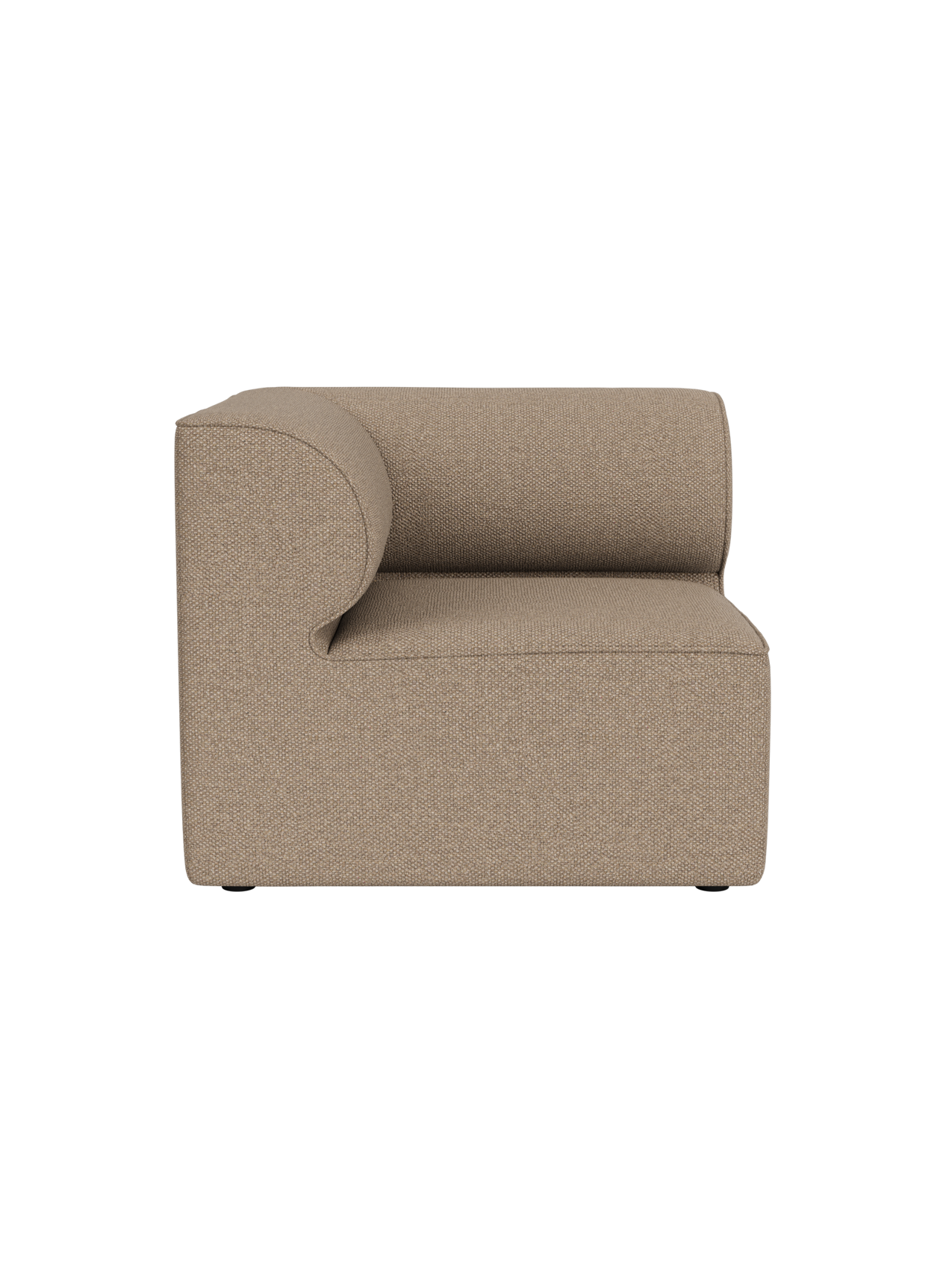 Side view of the Eave Modular Sofa, 86, Corner piece in textured Logan Flint fabric, showing its distinctive curved armrest.