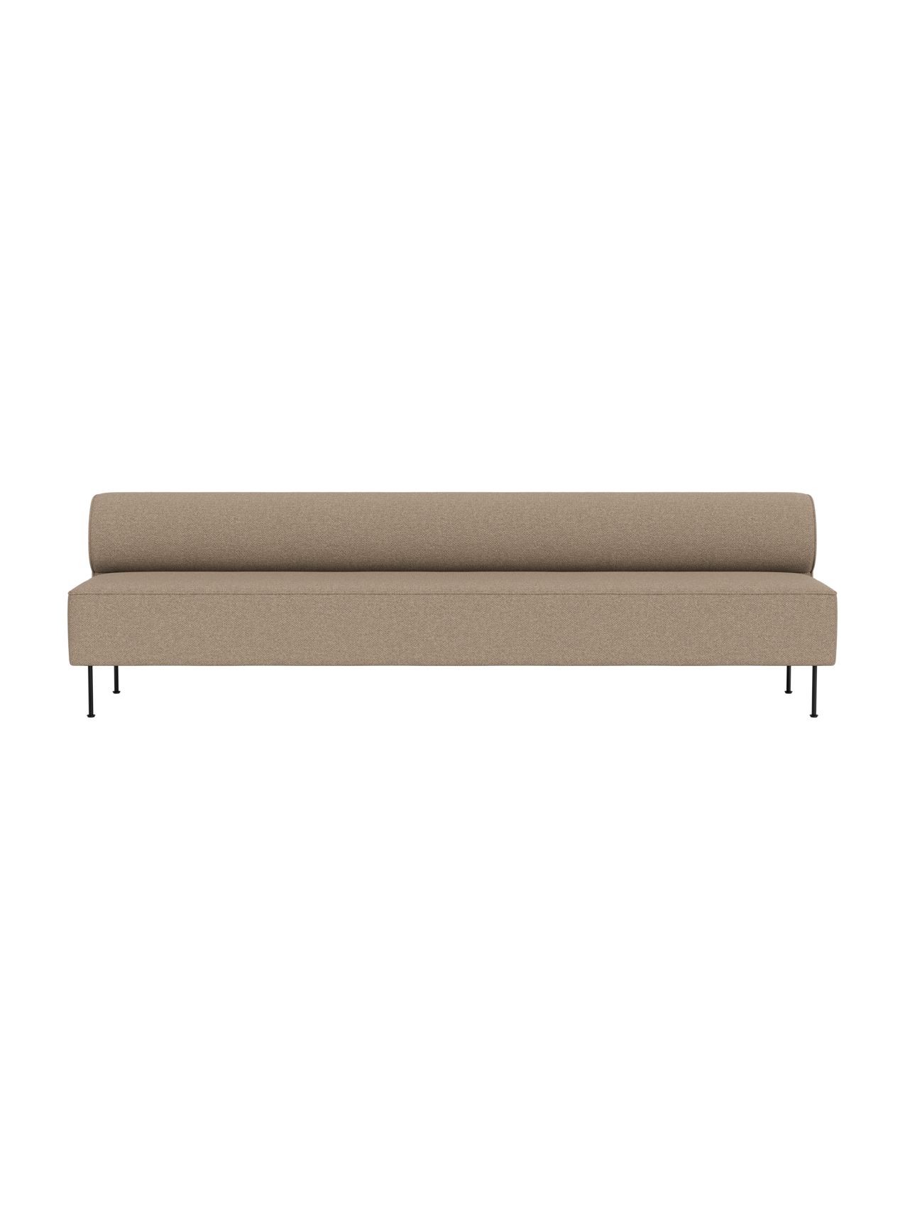 Front view of Eave Dining Sofa in Logan Flint. A long, minimalist beige sofa with slender black legs on a black background.