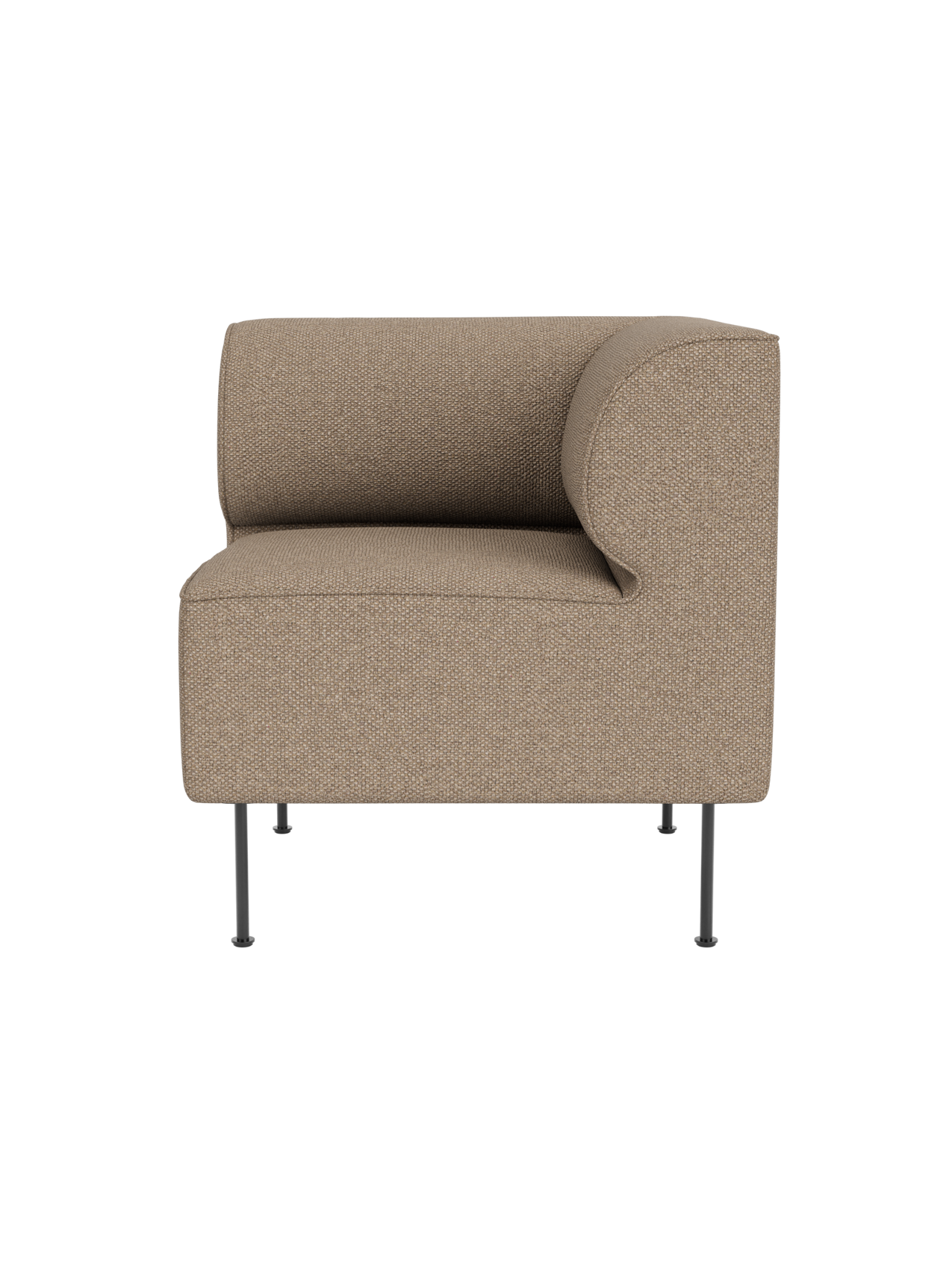 Front view of the Eave Dining Sofa Corner module upholstered in light brown, textured Logan Flint fabric on slim black legs.