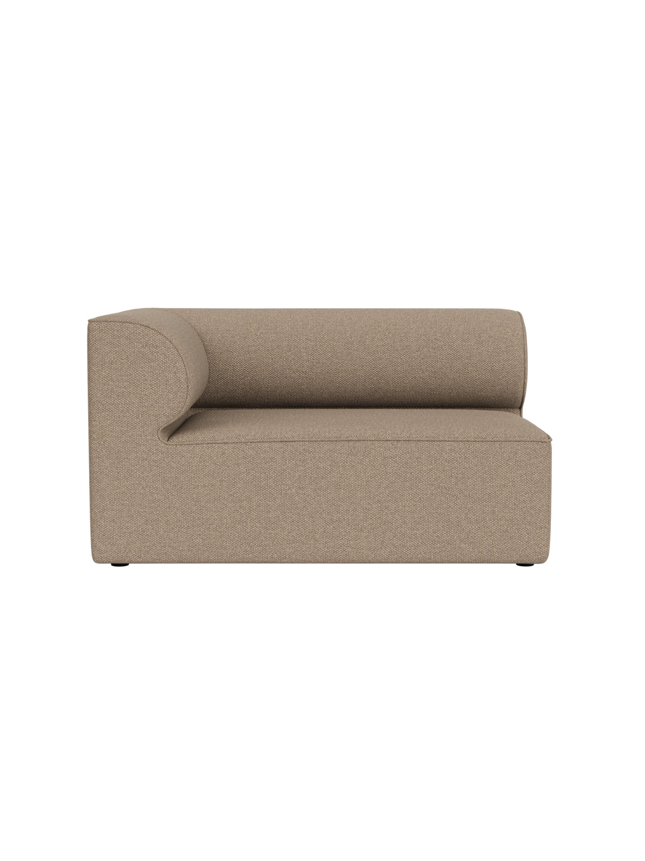 Front view of the Eave Modular Sofa, Corner 129 left-hand module, upholstered in textured, light brown Logan Flint fabric.