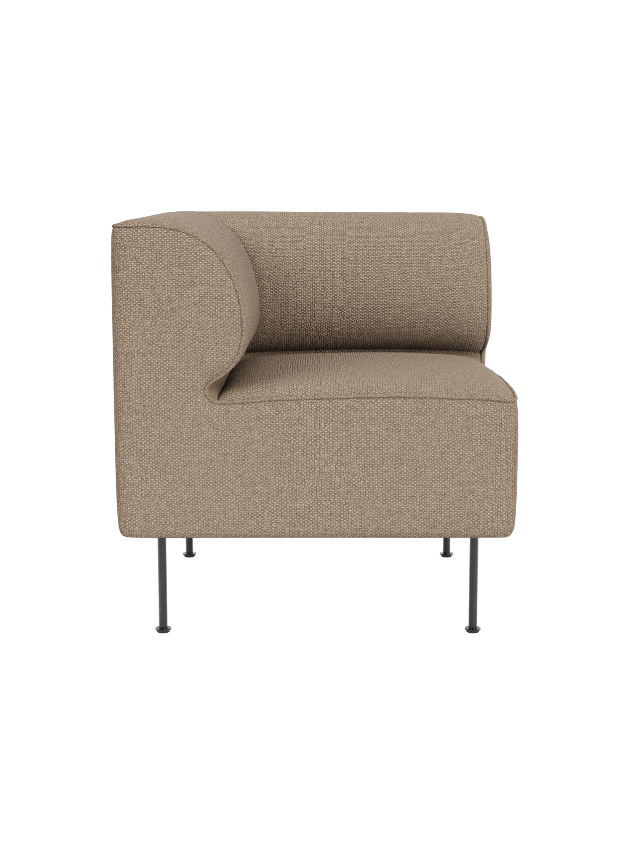 Front view of the Eave Dining Sofa, Corner module in textured Logan Flint upholstery with a curved back and slim metal legs.