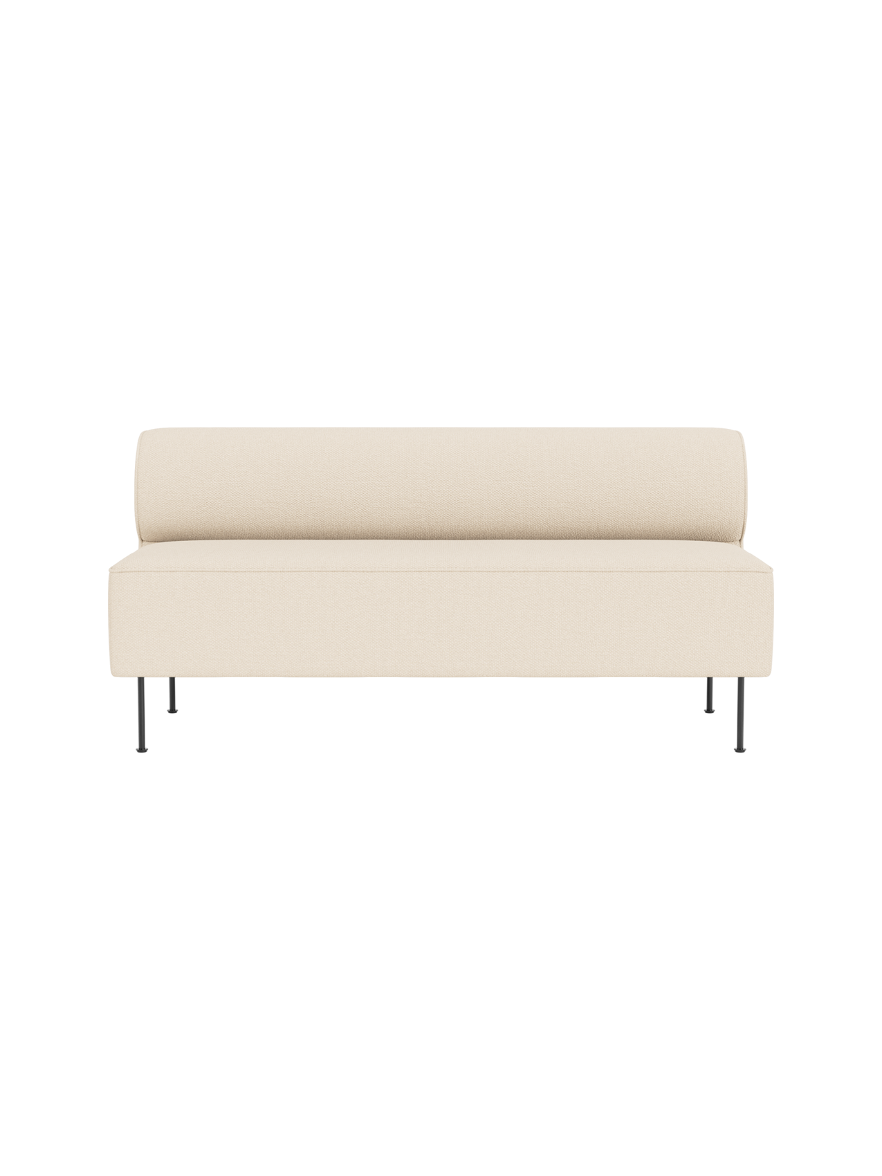 A front-on view of the Eave Dining Sofa in 'Logan Jasmine' fabric, showing its minimalist design and slim metal legs.