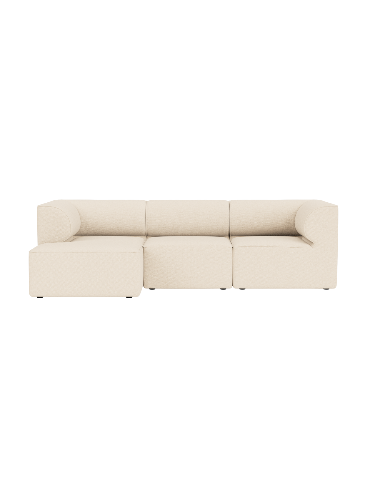 Front view of the Eave Modular Sofa, 86, 3-seater, in a cream-coloured Logan Jasmine fabric with a left-side chaise longue.