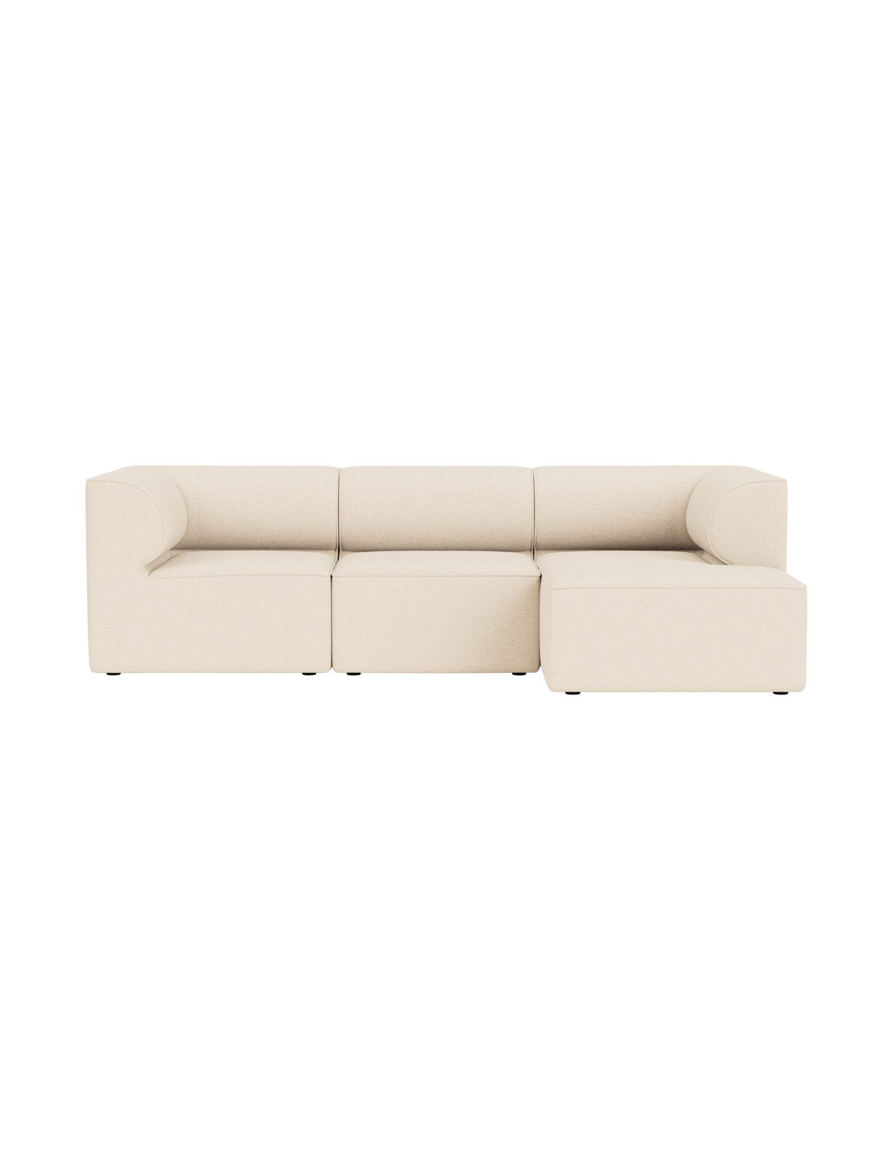 Front view of the Eave Modular Sofa, 86, 3-seater in Configuration 11, with a right chaise longue in Logan Jasmine upholstery