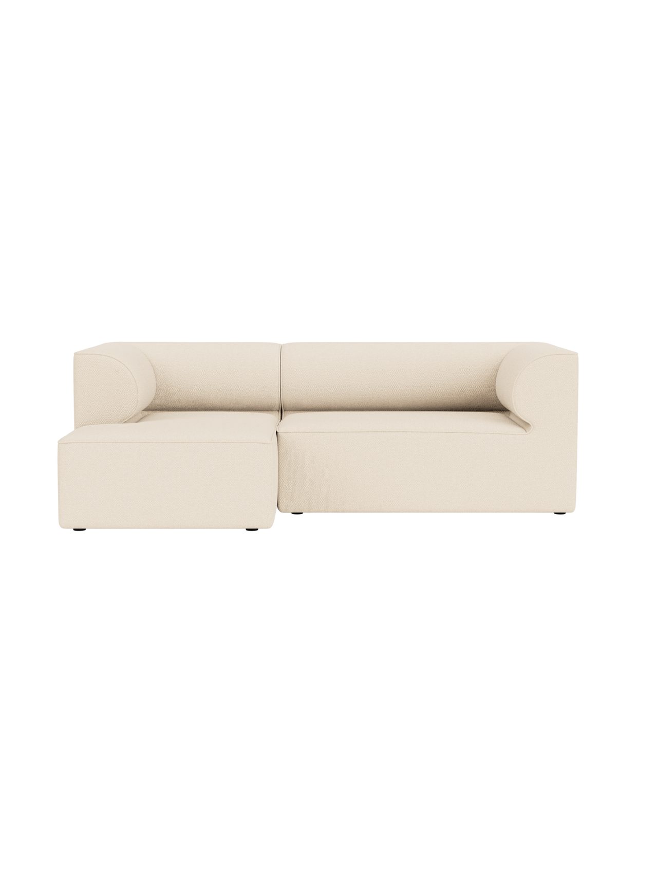 A front view of the Eave Modular Sofa, a 3-seater with a left-side chaise longue, in off-white Logan Jasmine upholstery.