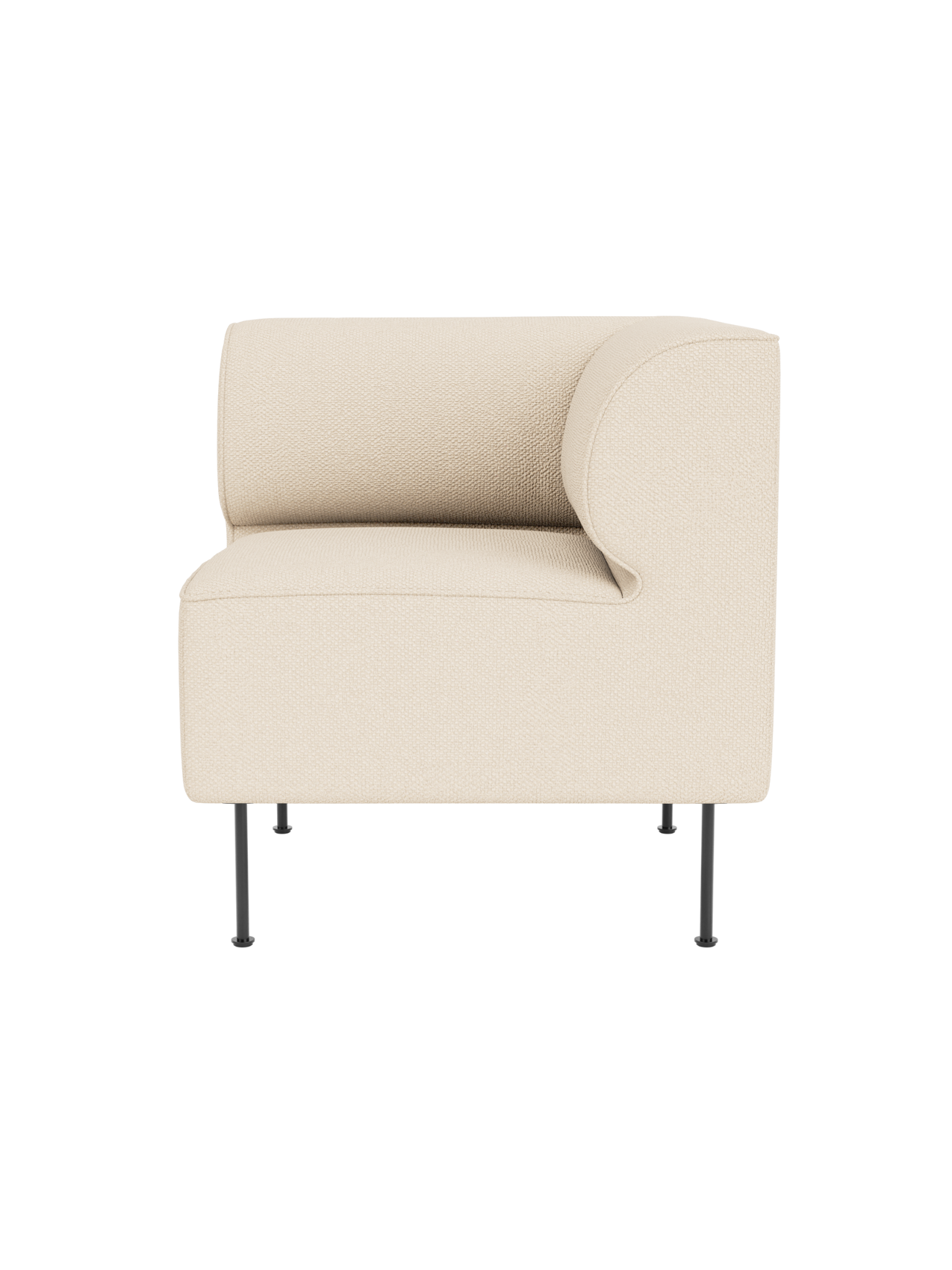 The Eave Dining Sofa, Corner module, upholstered in textured, cream-coloured Logan Jasmine fabric, on slim black metal legs.