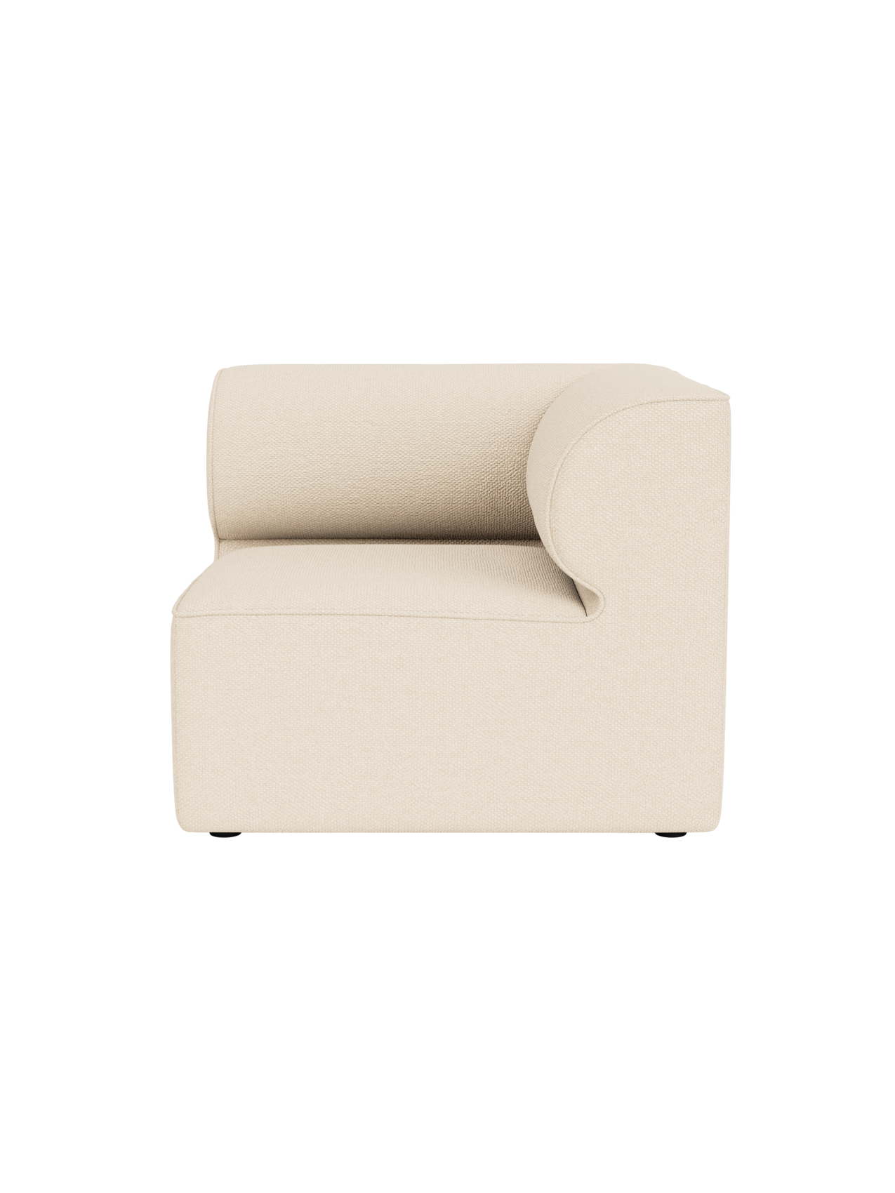 The Eave Modular Sofa's corner section in light-coloured Logan Jasmine fabric, viewed from above against a black background.