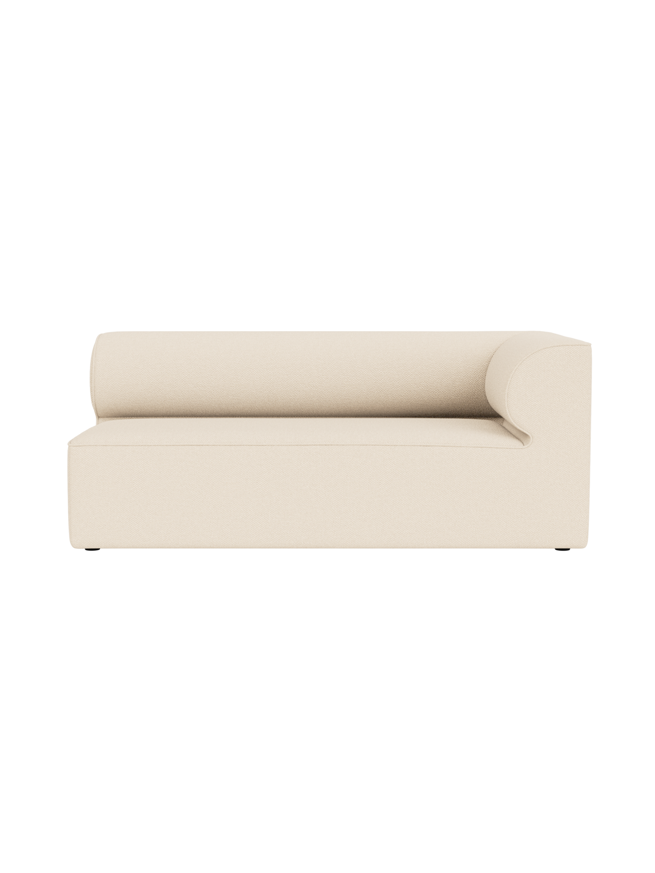 A front-on shot of the Eave Modular Sofa, 86, Corner 172, showing its light cream Logan Jasmine fabric and curved backrest.