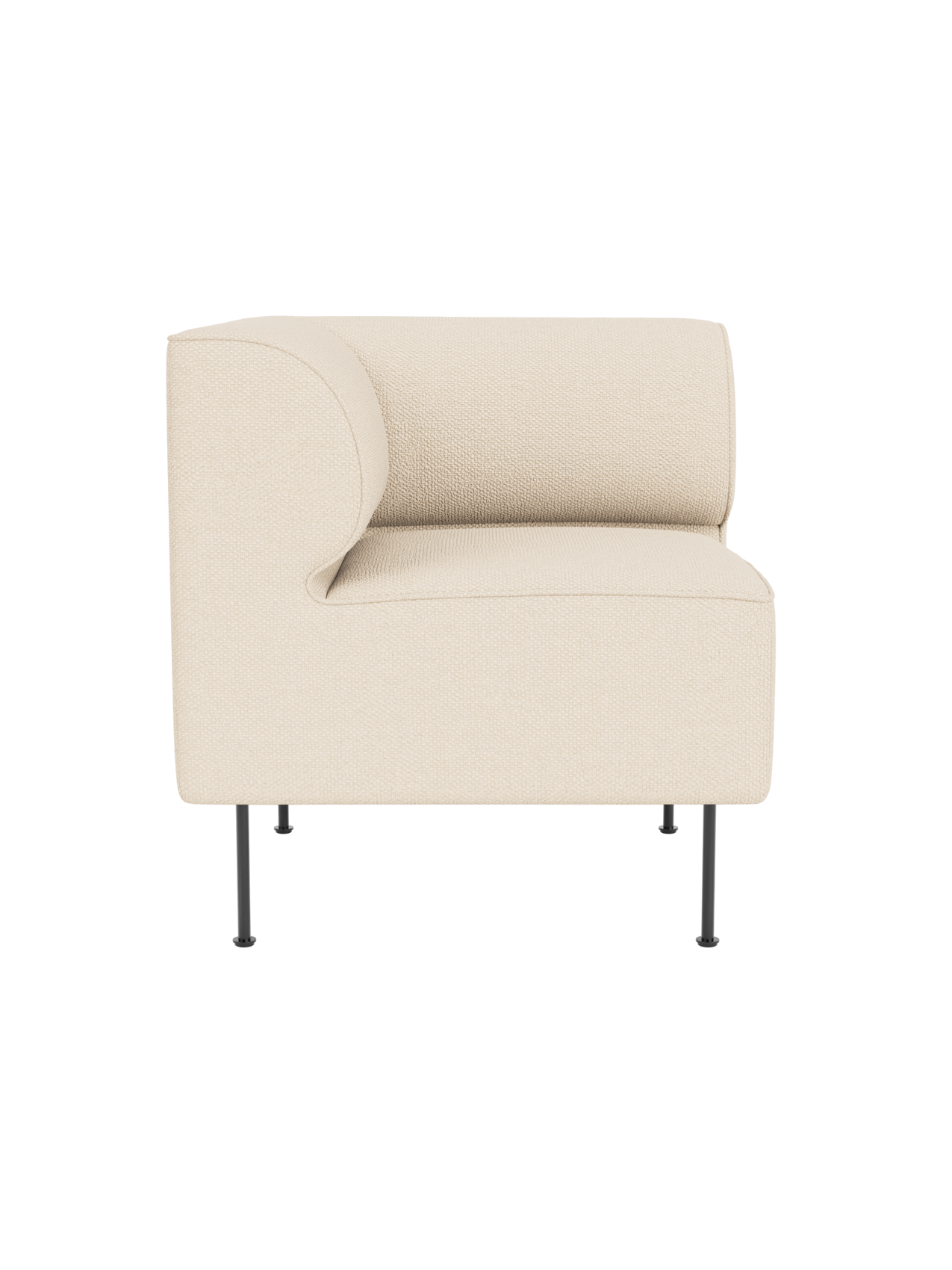 Eave Dining Sofa, Corner module upholstered in light cream Logan Jasmine, with a curved backrest and slender black legs.