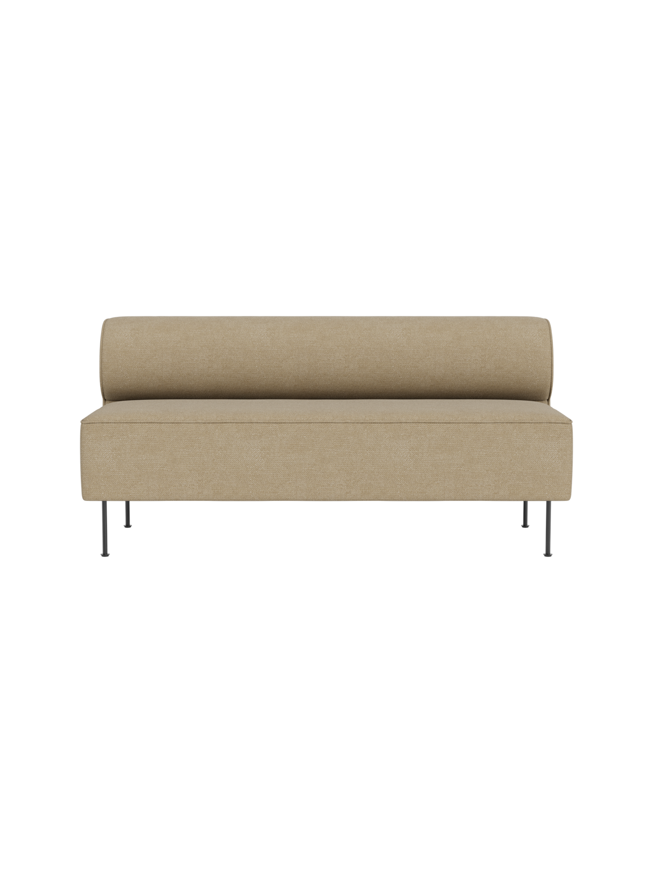 Front-on view of the Eave Dining Sofa in beige Audo Bouclé 02 fabric, with a minimalist design and bolster backrest.