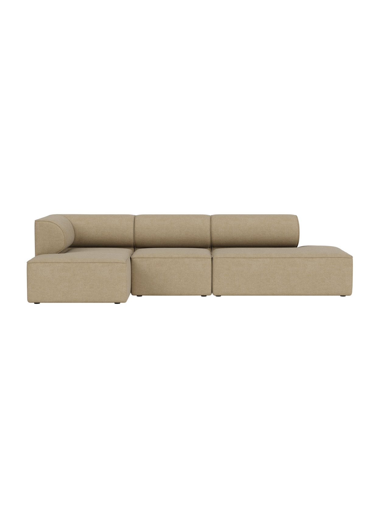 Front view of the Eave Modular Sofa, 3.5-seater, in beige Audo Bouclé 02, featuring a left corner and chaise longue.