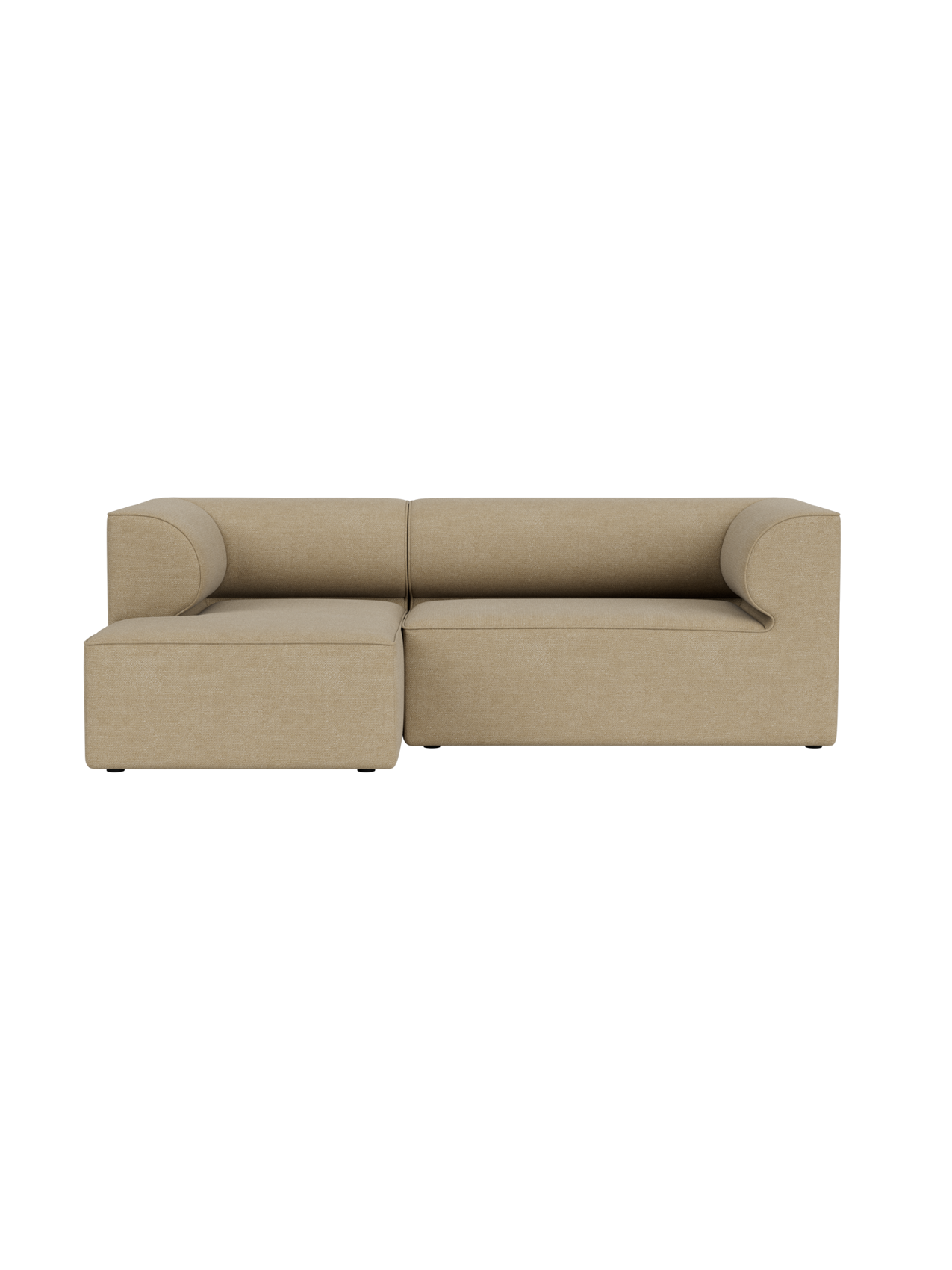 A front view of the Eave Modular Sofa, a 3-seater with a left chaise longue, upholstered in a light beige Bouclé fabric.