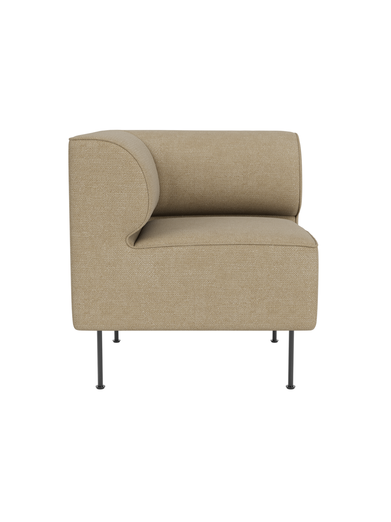 Eave Dining Sofa Corner module upholstered in light beige Audo Bouclé 02 fabric, with a curved backrest and slim metal legs.