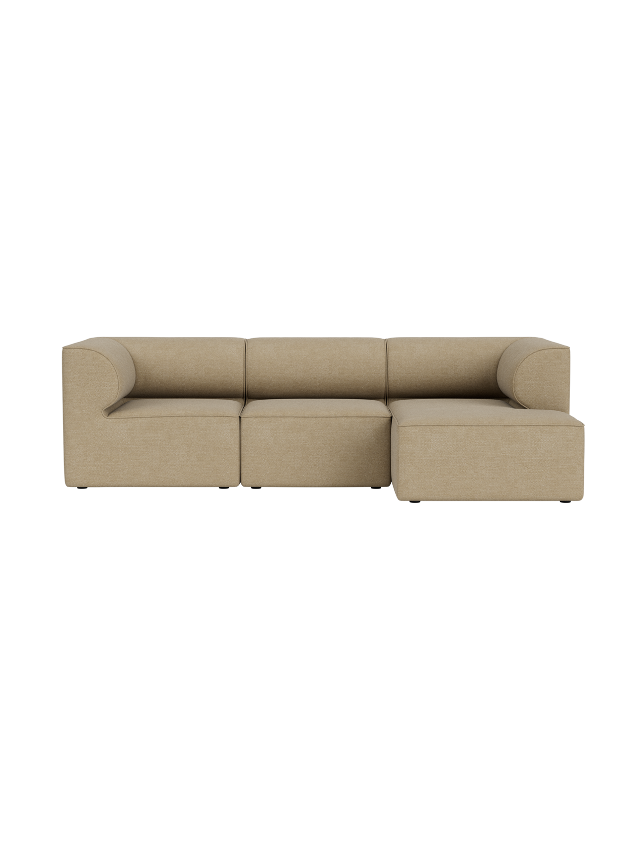Front view of the Eave Modular Sofa, a 3-seater with a right-side chaise longue, upholstered in light beige Bouclé 02 fabric.