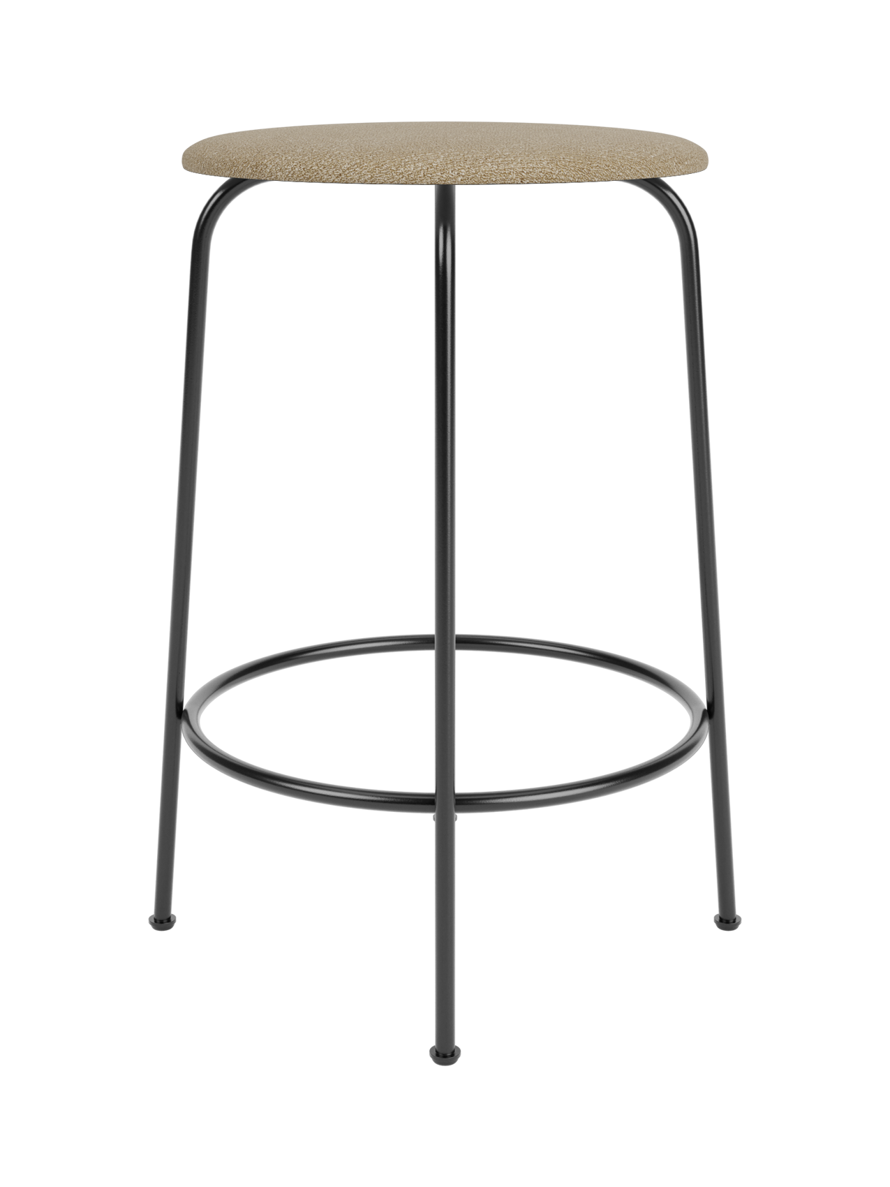 Front view of Afteroom Counter Stool with a light beige bouclé upholstered seat and slender black powder-coated steel legs.