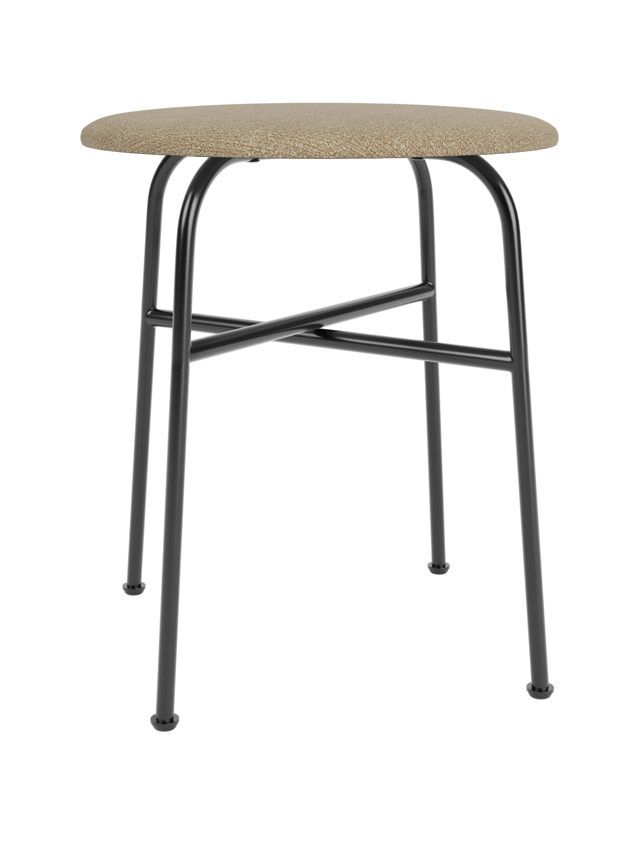 The Afteroom Stool, shown from the front, with a round upholstered seat in beige bouclé and a minimal black steel frame.