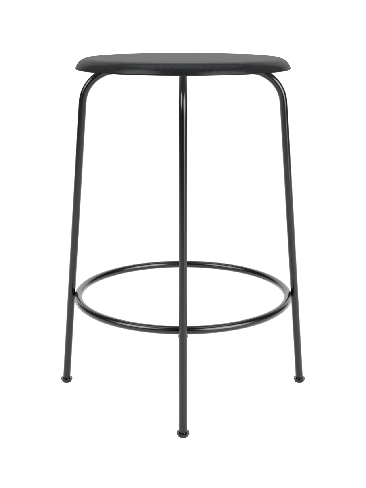 Front view of the Afteroom Counter Stool in black-painted oak veneer with a black steel frame and circular footrest.