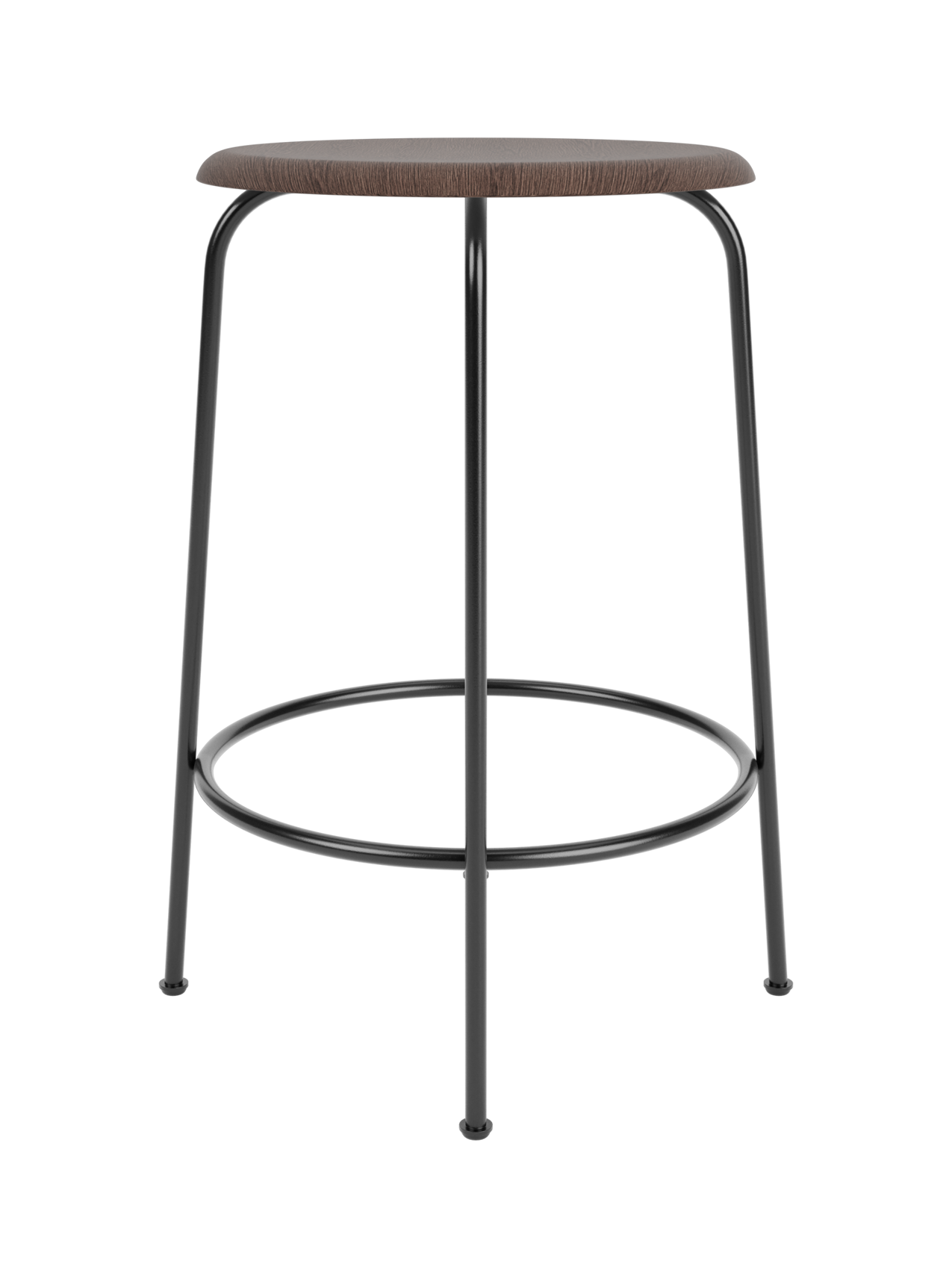 Front view of the Afteroom Counter Stool with a dark stained oak veneer seat & a minimalist black powder-coated steel frame.