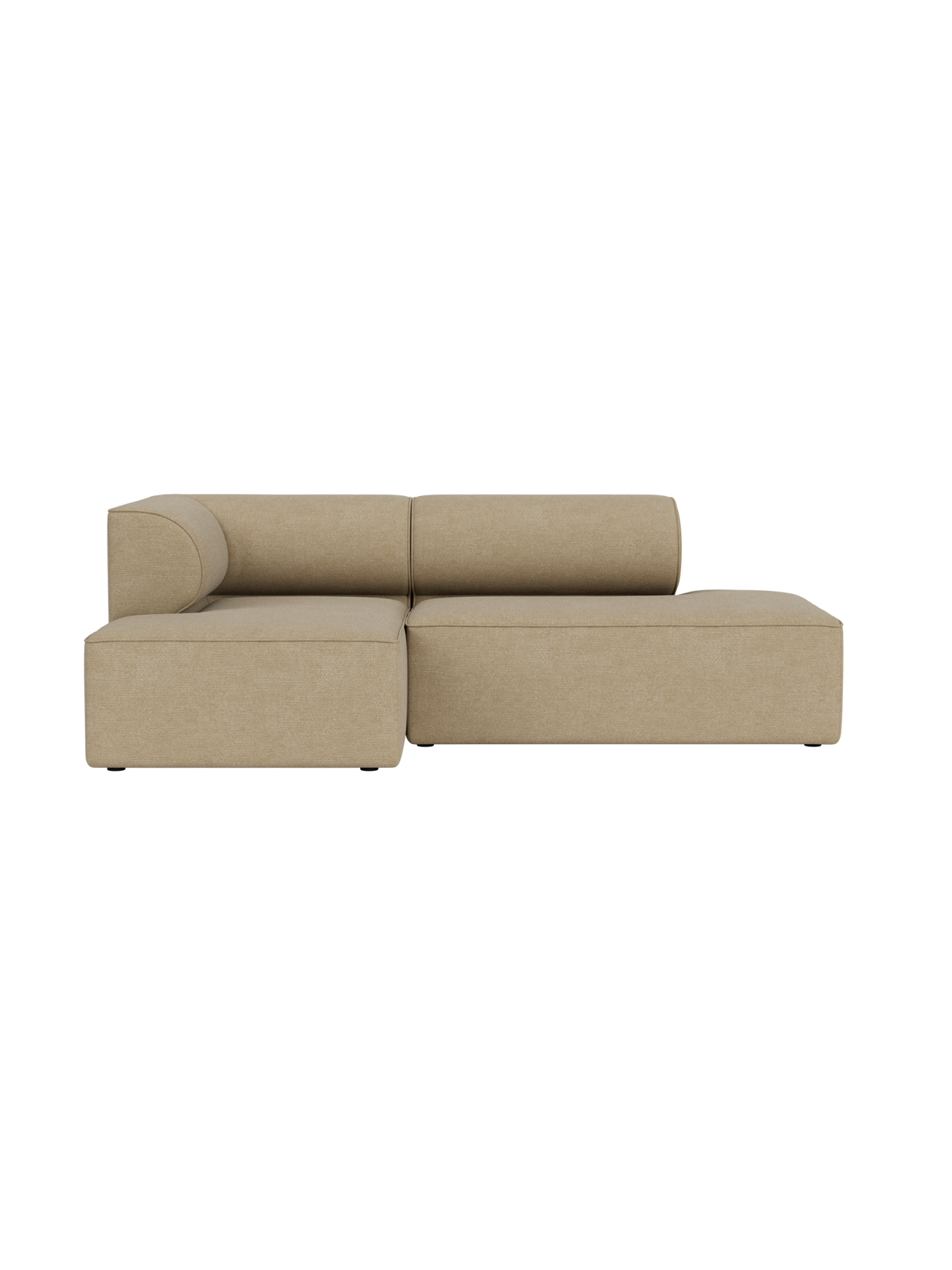 A light beige Eave Modular Sofa, 86, 2.5-seater, in Audo Bouclé 02, shown from the front against a black background.