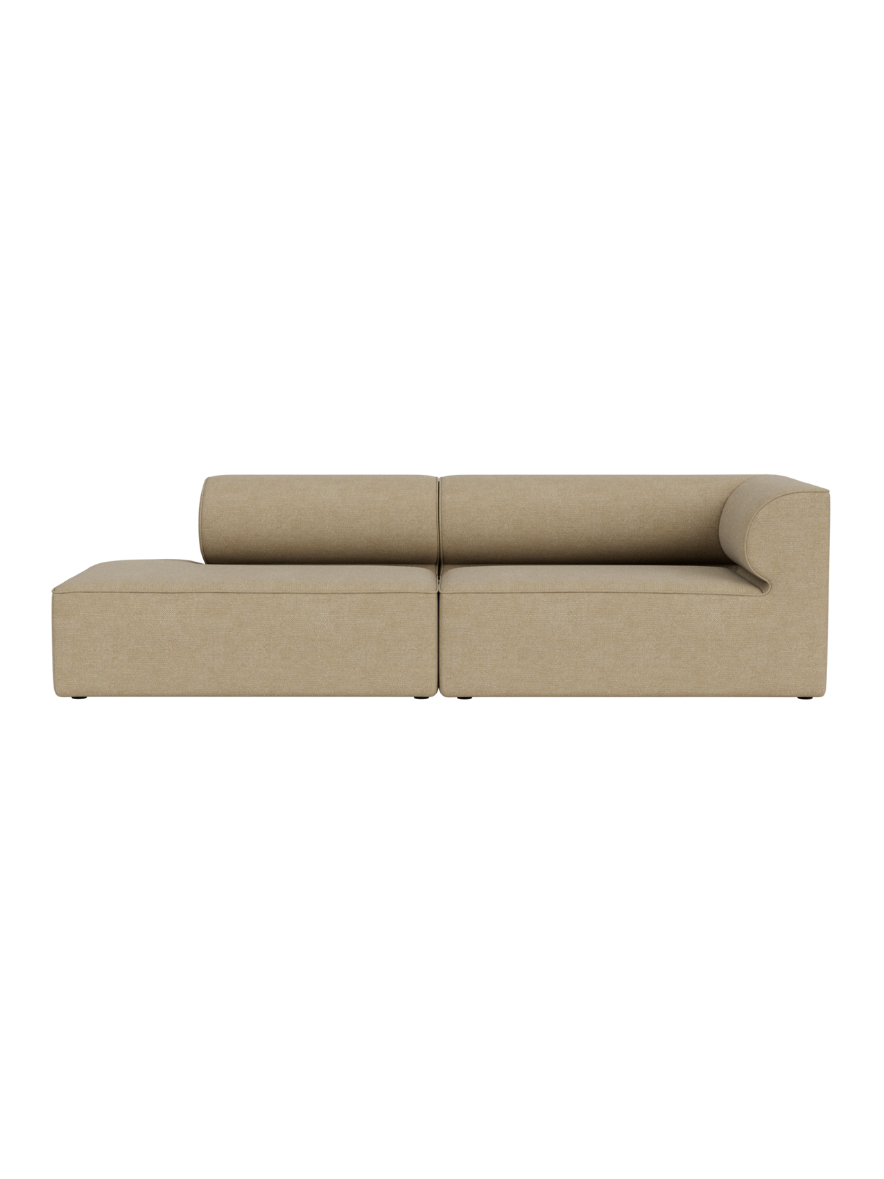 Light beige Eave Modular Sofa, 2.5-seater with a left open end and right curved armrest, against a black background.