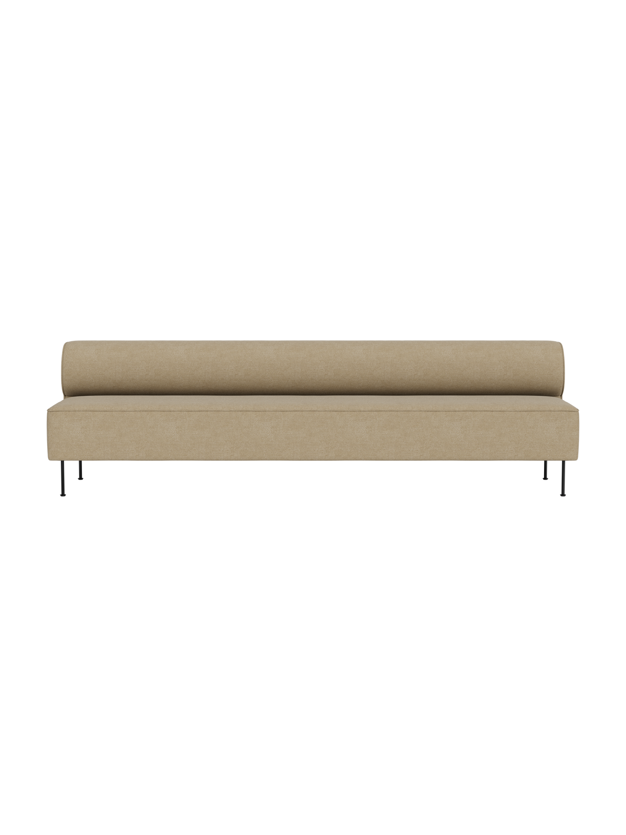 A front view of the Eave Dining Sofa in light beige Audo Bouclé 02 fabric, featuring a rounded backrest and thin black legs.