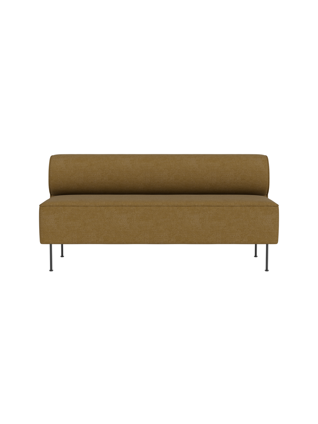 A front-on view of the Eave Dining Sofa upholstered in brownish-gold Audo Bouclé 06 fabric, set against a black background.