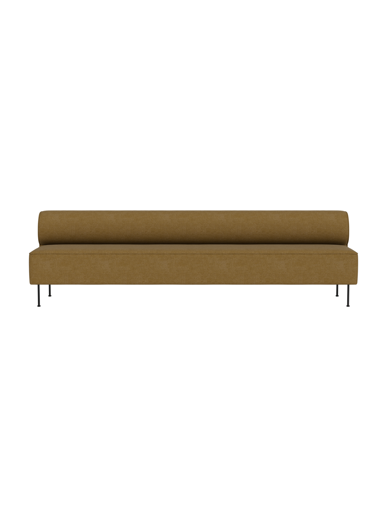 A front view of the long Eave Dining Sofa, upholstered in mustard-yellow Audo Bouclé 06 fabric, with thin black legs.