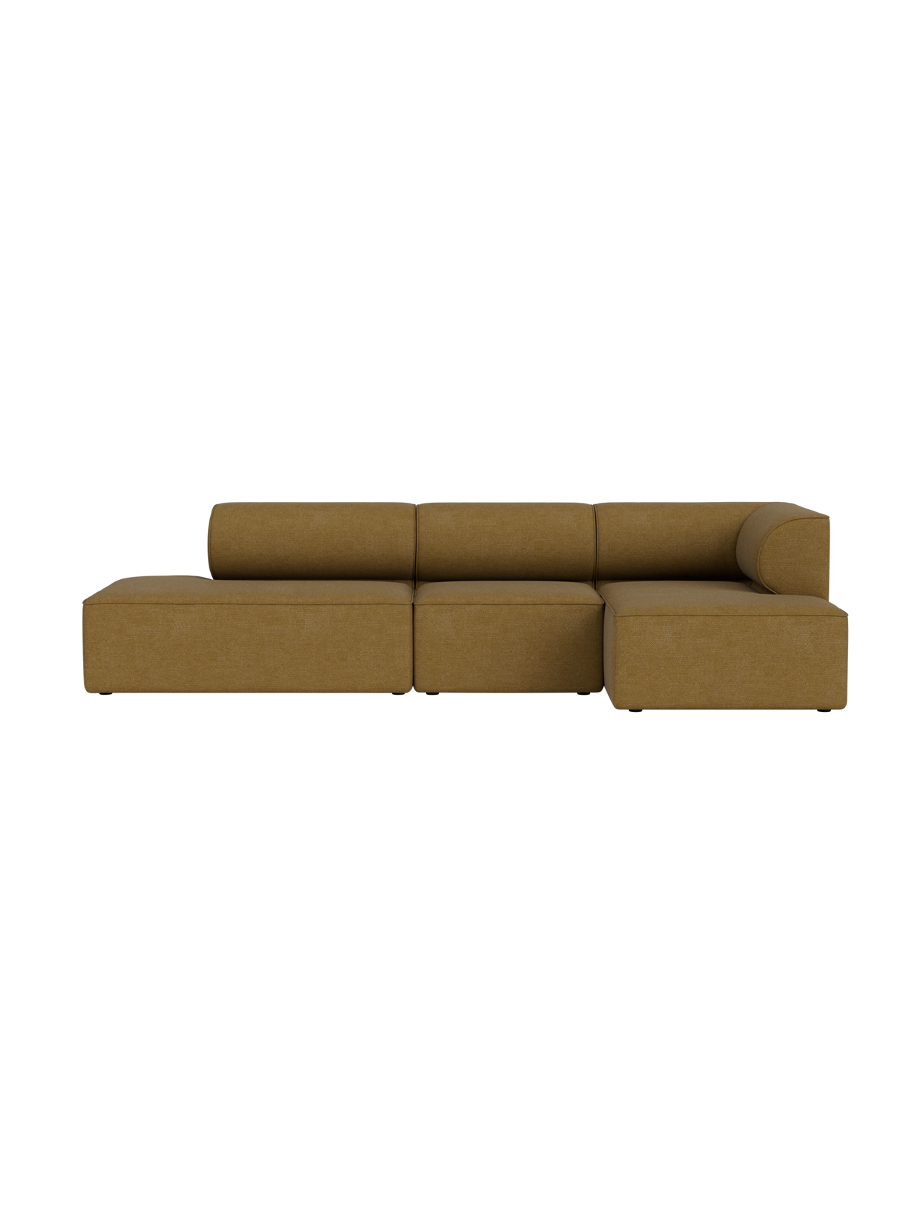 Front view of the Eave Modular Sofa, a 3.5-seater in Configuration 10, upholstered in a golden Audo Bouclé 06 fabric.