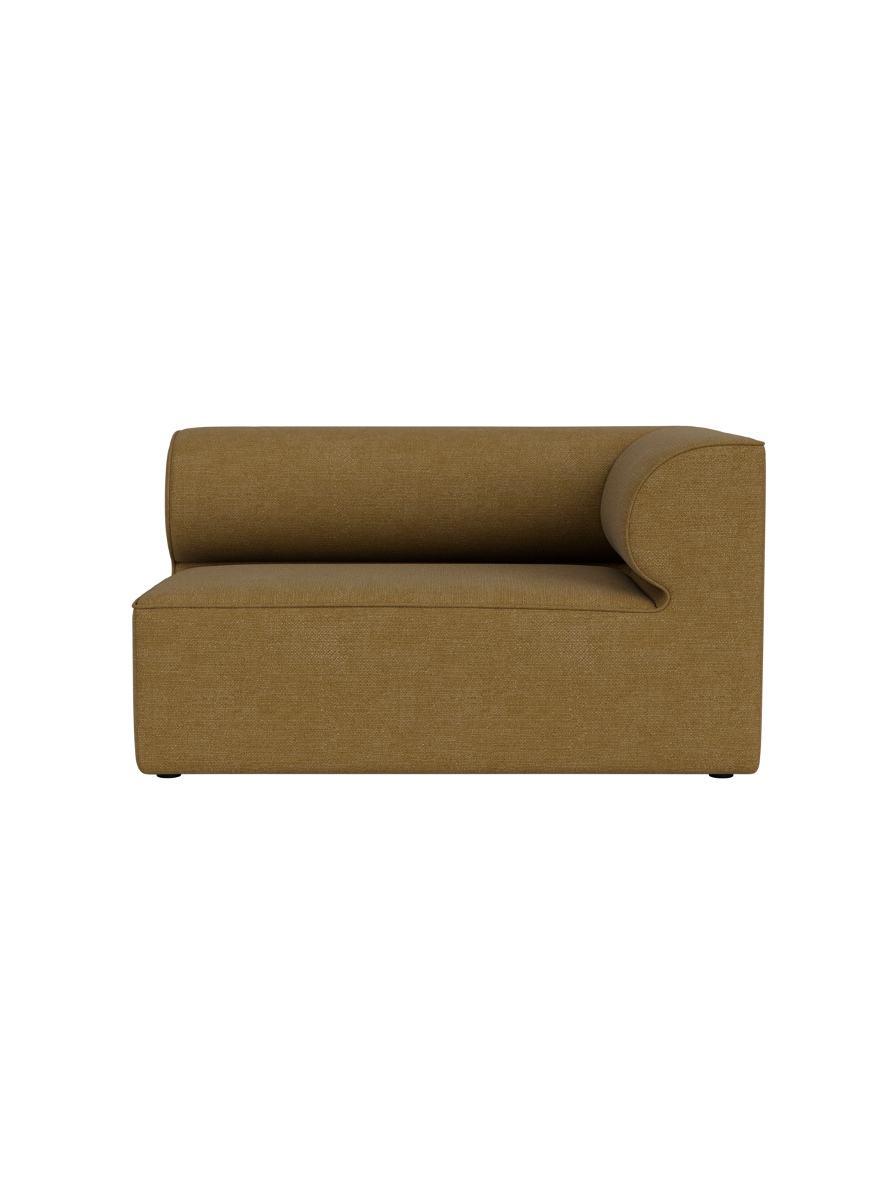 Front view of the Eave Modular Sofa, 86, Corner 129 module in ochre Audo Bouclé 06 fabric, against a black background.