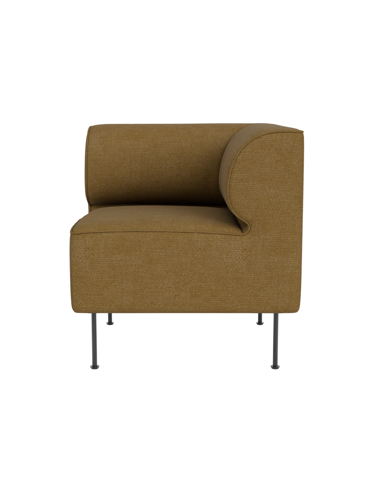 Front view of Eave Dining Sofa Corner module in golden-brown Audo Bouclé 06 fabric, with a curved back and thin metal legs.