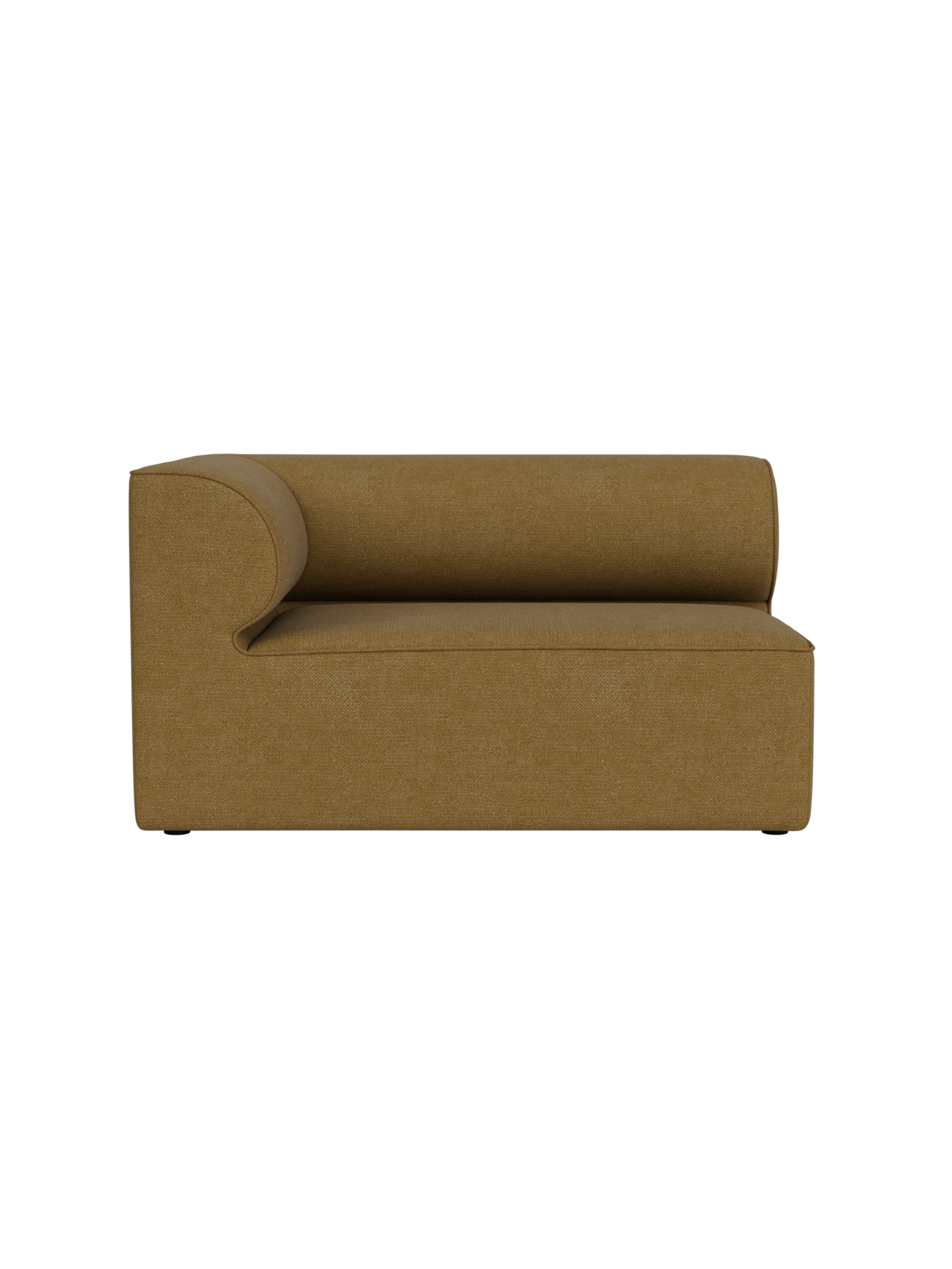 A front-on view of the Eave Modular Sofa, 86, Corner 129 module, upholstered in a textured, brownish-yellow Bouclé fabric.