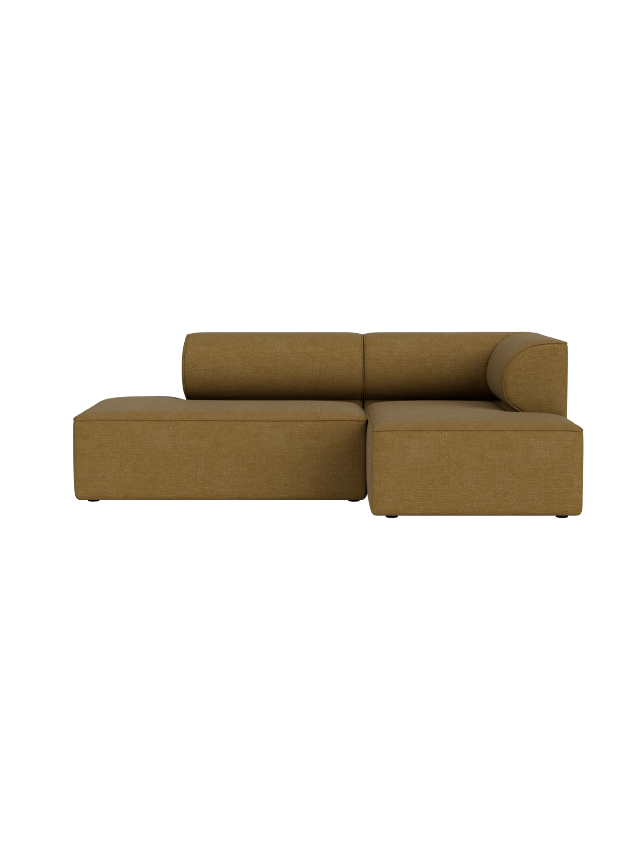 Front view of the Eave Modular Sofa 2.5-seater, configuration 8, upholstered in a mustard-coloured Audo Bouclé 06 fabric.